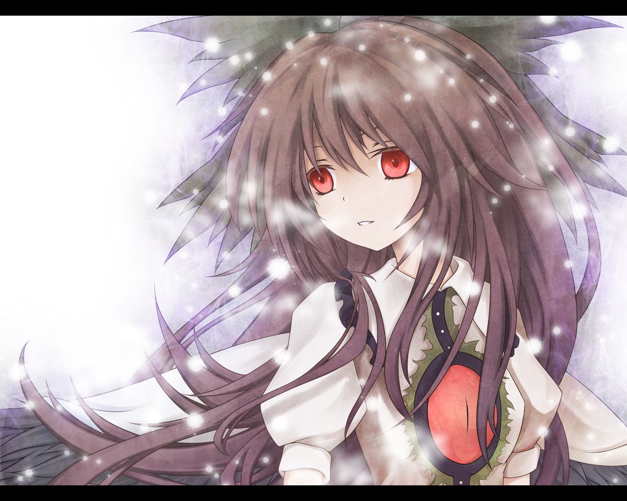 kamumiya, reiuji utsuho, touhou, 1girl, bow, brown hair, empty eyes, female focus, gradient background, hair bow, hair ribbon, letterboxed, long hair, red eyes, ribbon, snow, solo, upper body, white background