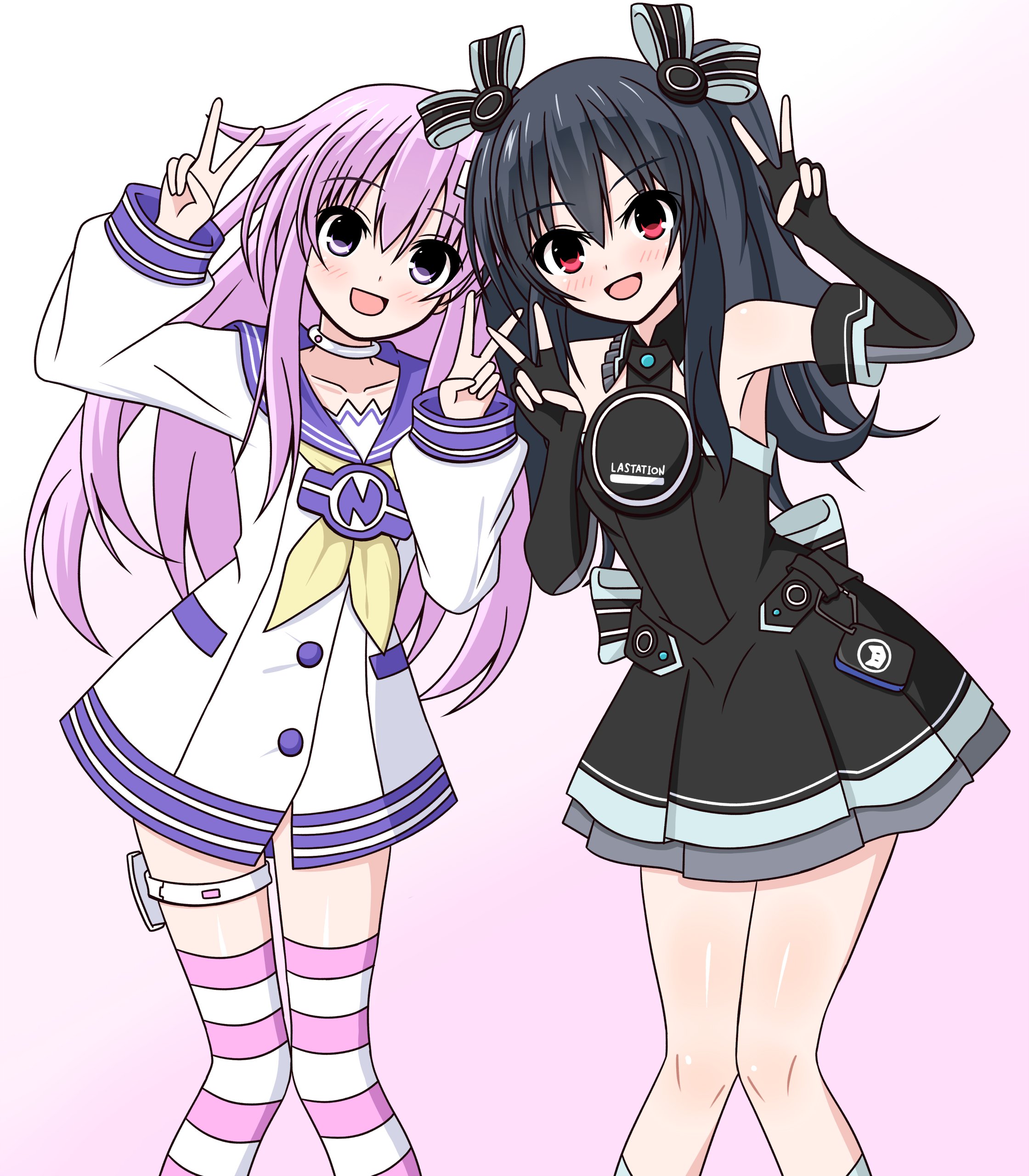 nepgear, uni (neptunia), choujigen game neptune, choujigen game neptune mk2, four goddesses online: cyber dimension neptune, neptune (series), absurdres, highres, 2girls, bare shoulders, black hair, breasts, d-pad, d-pad hair ornament, dress, hair ornament, hair ribbon, hood, hooded track jacket, jacket, long hair, multiple girls, neckerchief, power symbol, purple eyes, purple hair, red eyes, ribbon, sailor dress, simple background, small breasts, striped clothes, striped thighhighs, thighhighs, track jacket, v, yellow neckerchief