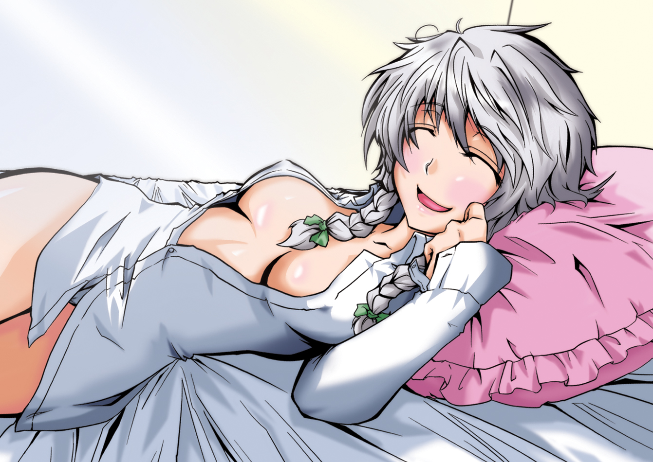 kurohanagi, izayoi sakuya, touhou, silver hair, 1girl, bed, bottomless, braid, breasts, cleavage, dress shirt, female focus, frilled pillow, frills, hairband, large breasts, lying, no bra, open clothes, open shirt, pillow, shirt, short hair, solo, twin braids, white shirt