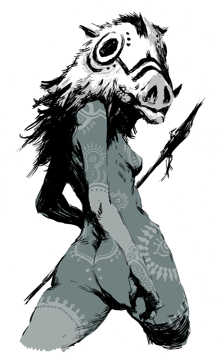 oono tsutomu, mononoke hime, original, highres, 1990s (style), 1girl, amazon warrior, ass, boar, bodypaint, breasts, cropped legs, dark-skinned female, dark skin, female focus, greyscale, light areolae, looking back, mask, monochrome, naked paint, nipples, nude, polearm, retro artstyle, small breasts, solo, spear, tattoo, tribal, weapon, white background
