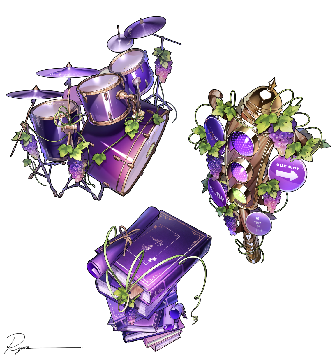 ryota (ry o ta), original, commentary, highres, symbol-only commentary, arrow (symbol), book, book stack, cymbals, drum, drum set, english text, food, fruit, grapes, instrument, no humans, plant, road sign, sign, signature, simple background, traffic light, vines, white background