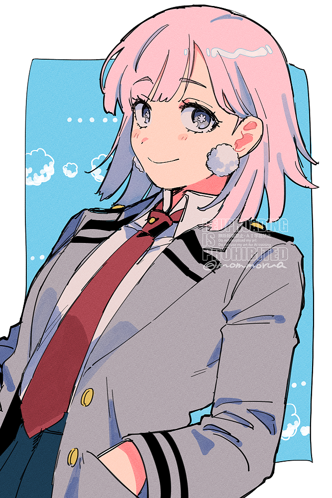 mommorua, fuwa mawata, boku no hero academia, commentary, 1girl, blue background, blue skirt, border, bright pupils, closed mouth, earrings, flower-shaped pupils, grey eyes, grey jacket, hair behind ear, hands in pockets, jacket, jewelry, light blush, looking at viewer, medium hair, necktie, pom pom (clothes), red necktie, school uniform, shirt, skirt, smile, solo, symbol-shaped pupils, u.a. school uniform, white border, white shirt
