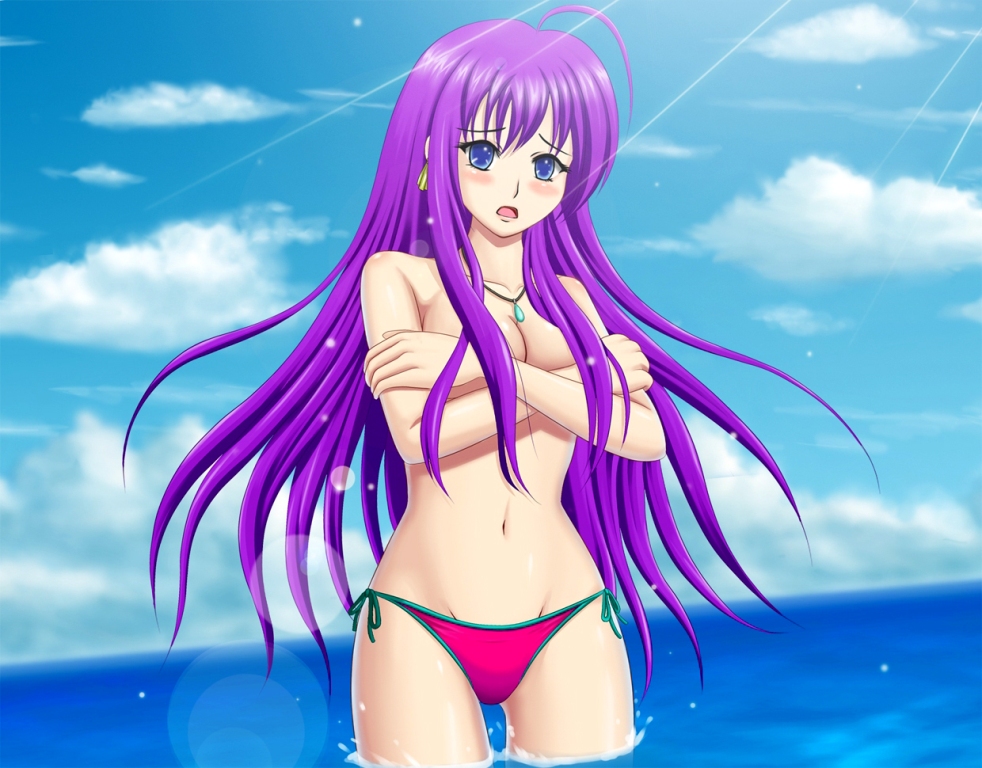 yamada taka, bad id, bad pixiv id, ahoge, bikini, blue eyes, blush, breasts, covering breasts, covering privates, crossed arms, embarrassed, jewelry, long hair, necklace, ocean, purple hair, solo, submerged, swimsuit, topless female, water