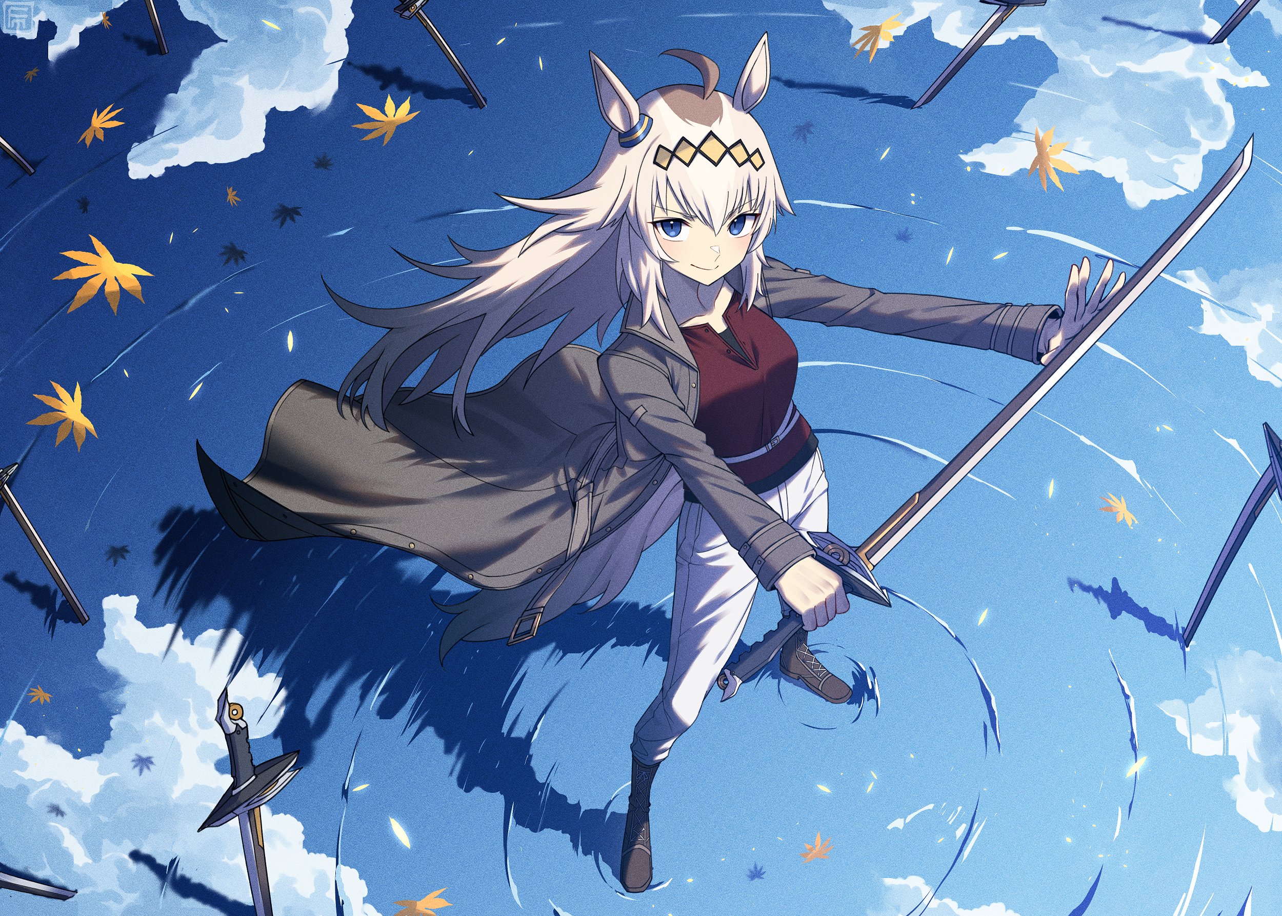 fumato, oguri cap (umamusume), umamusume, highres, 1girl, ahoge, animal ears, black boots, black coat, blue eyes, blush, boots, breasts, closed mouth, coat, ear ornament, grey hair, grey tail, hair between eyes, hair ornament, hairband, holding, holding sword, holding weapon, horse ears, horse girl, horse tail, leaf, long hair, long sleeves, multicolored hair, open clothes, open coat, pants, red shirt, reflection, reflective liquid, ripples, shirt, smile, solo, sword, tail, water, weapon, white pants