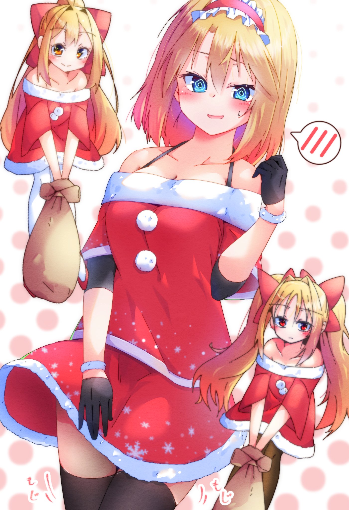 dondyuruma, alice margatroid, shanghai doll, touhou, commentary request, highres, 1girl, @ @, alternate costume, bag, black gloves, black thighhighs, blonde hair, blue eyes, blush, bow, breasts, christmas, cleavage, doll, dress, frilled hairband, frills, fur-trimmed dress, fur trim, gloves, hair bow, hairband, holding, holding bag, lolita hairband, long hair, looking at viewer, medium hair, off-shoulder dress, off shoulder, open mouth, pom pom (clothes), red bow, red hairband, santa costume, smile, solo, spoken blush, sweatdrop, thighhighs, twintails, very long hair