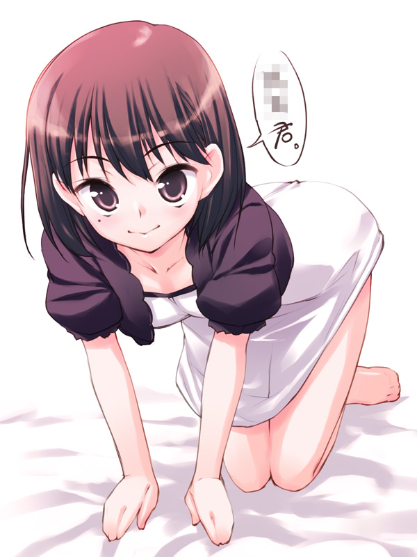 hoshizaki hikaru, all fours, barefoot, blush, brown eyes, brown hair, foreshortening, legs, mole, short hair, smile, solo