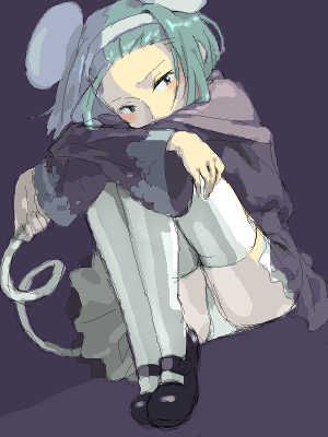 nanasyu, topo (musashiden), brave fencer musashiden, lowres, source request, 1girl, animal ears, black eyes, black shoes, blush, capelet, dress, dutch angle, female focus, fetal position, green hair, hairband, hugging own legs, jaggy lines, mary janes, mouse (animal), mouse ears, mouse tail, oekaki, panties, pantyshot, purple capelet, shoes, short hair, sitting, solo, tail, thighhighs, underwear, white panties, white thighhighs