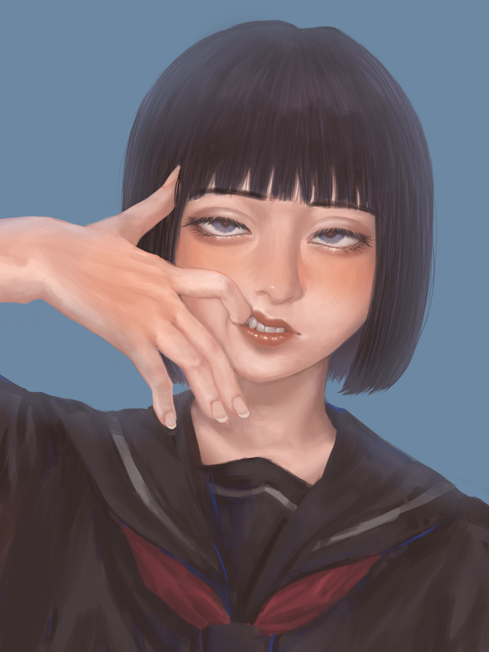 okubatomaeba, original, commentary request, highres, 1girl, black hair, black sailor collar, black shirt, blue background, blue eyes, blunt bangs, bob cut, finger in own mouth, fingernails, hand up, lips, looking at viewer, nose, parted lips, portrait, realistic, sailor collar, shirt, short hair, simple background, solo, teeth
