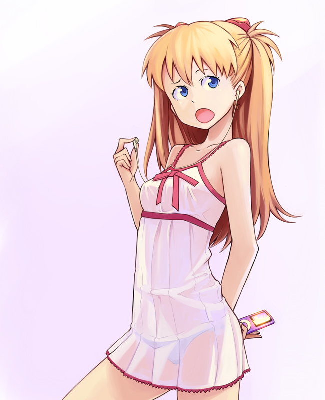 bowieknife, souryuu asuka langley, neon genesis evangelion, 1girl, :o, blue eyes, brown hair, covered navel, earphones, female focus, ipod, ipod nano, ipod nano 5g, lingerie, long hair, mp3 player, negligee, open mouth, panties, product placement, purple background, see-through clothes, solo, underwear