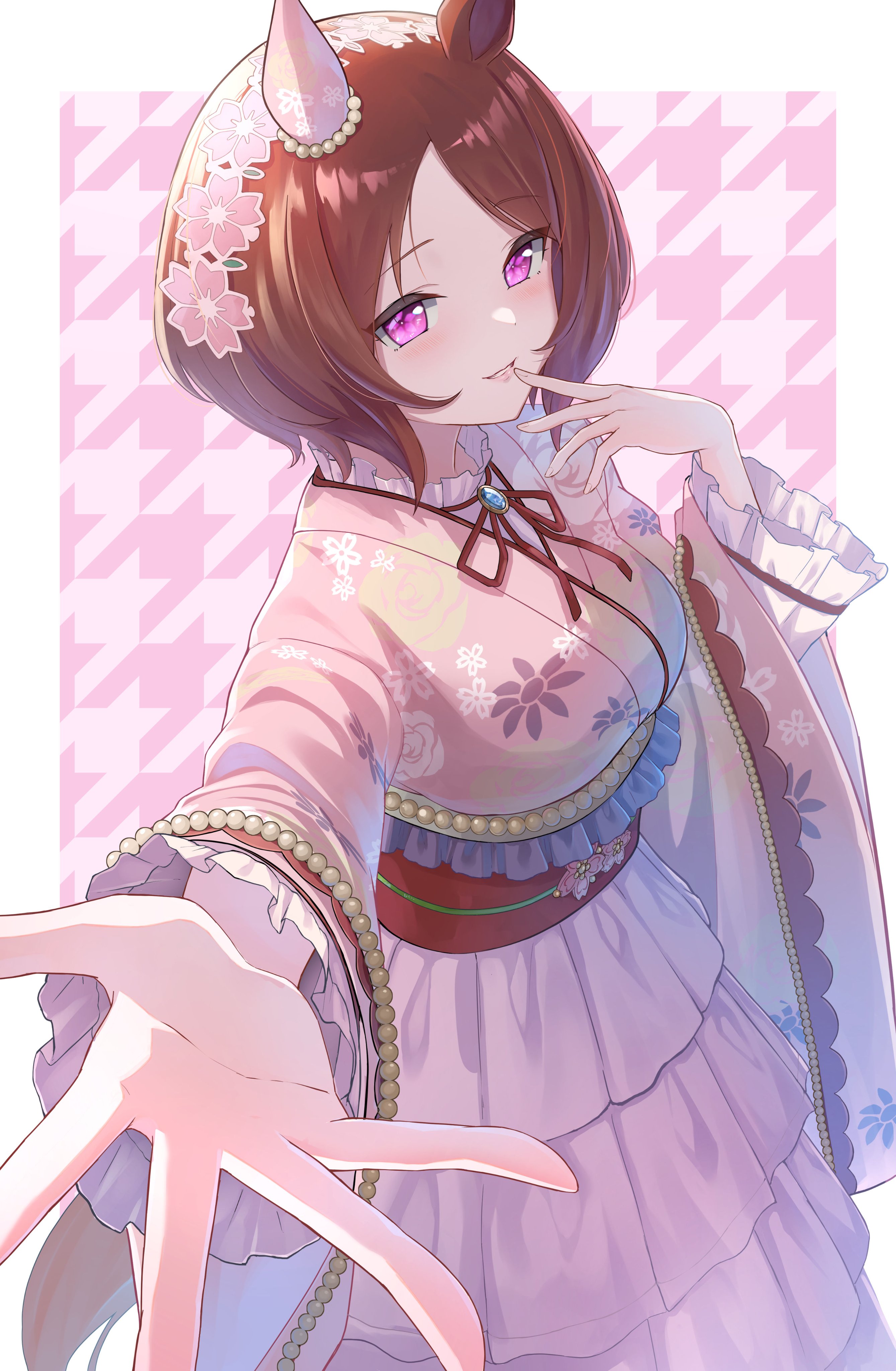 cha seiga, sakura laurel (umamusume), umamusume, absurdres, highres, 1girl, animal ears, blush, breasts, brown hair, brown ribbon, ear covers, finger to mouth, floral print, floral print kimono, flower-shaped pupils, flower in eye, horse ears, horse girl, horse tail, japanese clothes, kimono, long sleeves, looking at viewer, medium breasts, official alternate costume, parted lips, pink hair, pink kimono, print kimono, purple eyes, reaching, reaching towards viewer, red sash, ribbon, sakura laurel (nouvelle pousse) (umamusume), sash, short hair, single ear cover, smile, solo, symbol-shaped pupils, symbol in eye, tail