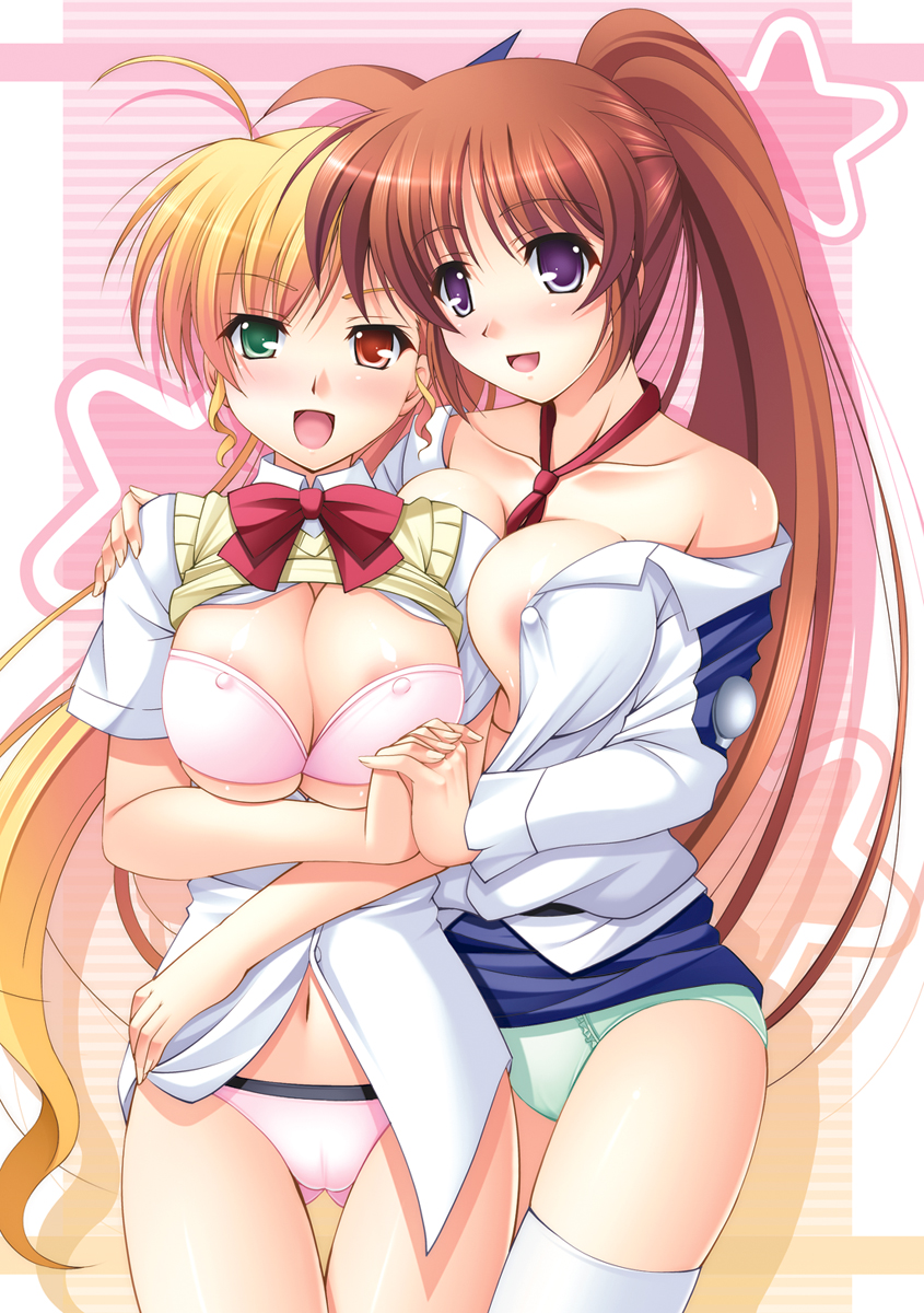 narutaki shin, takamachi nanoha, vivio, lyrical nanoha, mahou shoujo lyrical nanoha, mahou shoujo lyrical nanoha vivid, highres, 10s, 2girls, between breasts, blush, bow, bra, breast press, breasts, brown hair, covered erect nipples, heterochromia, huge breasts, inseki, lingerie, long hair, multiple girls, necktie, nipple slip, nipples, panties, ponytail, purple eyes, thigh gap, thighhighs, thighs, underwear, yuri