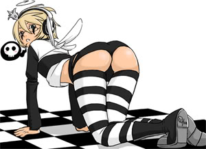 gaia online, lowres, all fours, blonde hair, crown, glasses, halo, headphones, panties, thighhighs, underwear, wings