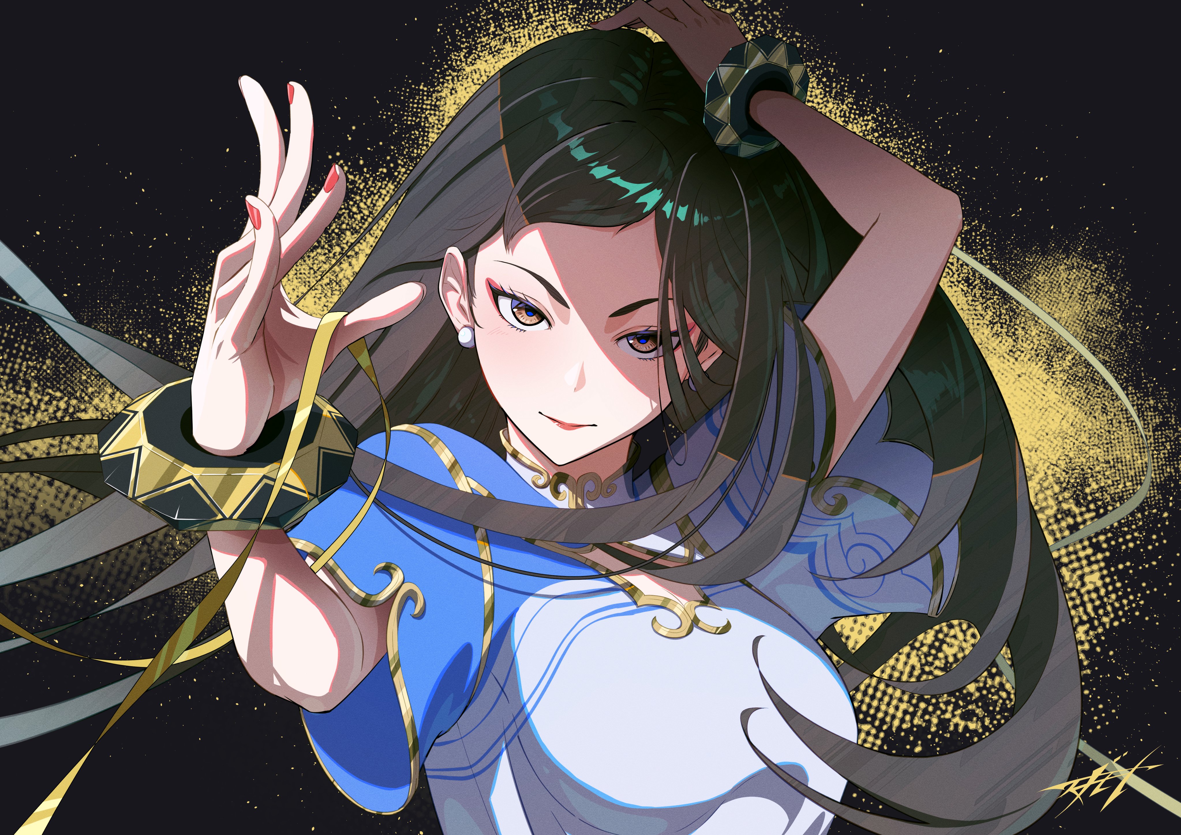 sugimoto kensuke (kensuke blue), chun-li, capcom, street fighter, street fighter 6, absurdres, commentary request, highres, 1girl, alternate costume, black hair, bracelet, breasts, brown eyes, closed mouth, earrings, eyeshadow, jewelry, long hair, looking at another, makeup, medium breasts, nail polish, pearl earrings, red eyeshadow, red nails, short sleeves, smile, solo, upper body