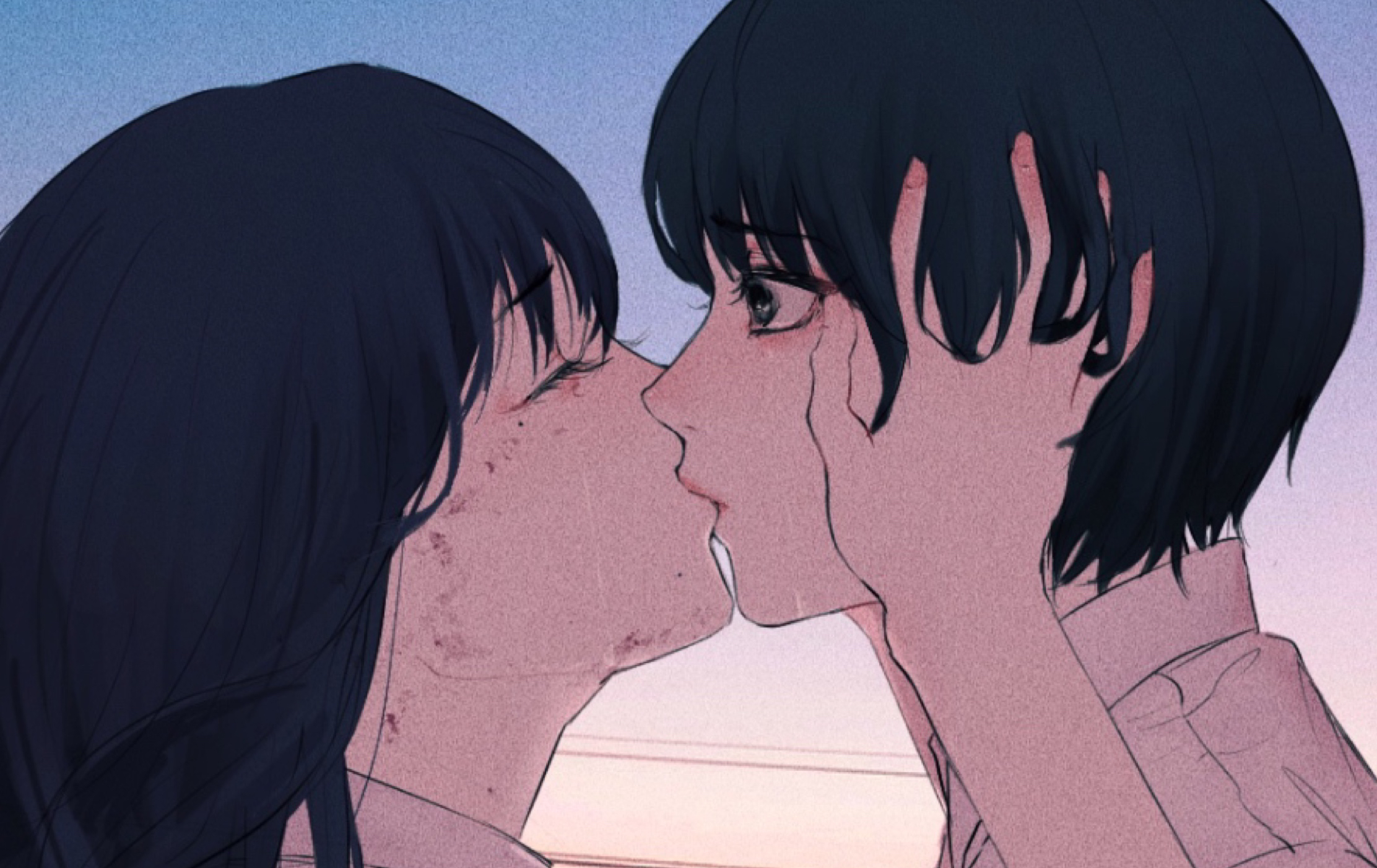 okubatomaeba, original, commentary request, highres, 2girls, blood, blood on face, blue sky, close-up, closed eyes, crying, crying with eyes open, hand in another's hair, hand on another's head, kiss, long hair, multiple girls, nose, outdoors, short hair, sky, surprised, tears, wide-eyed, yuri