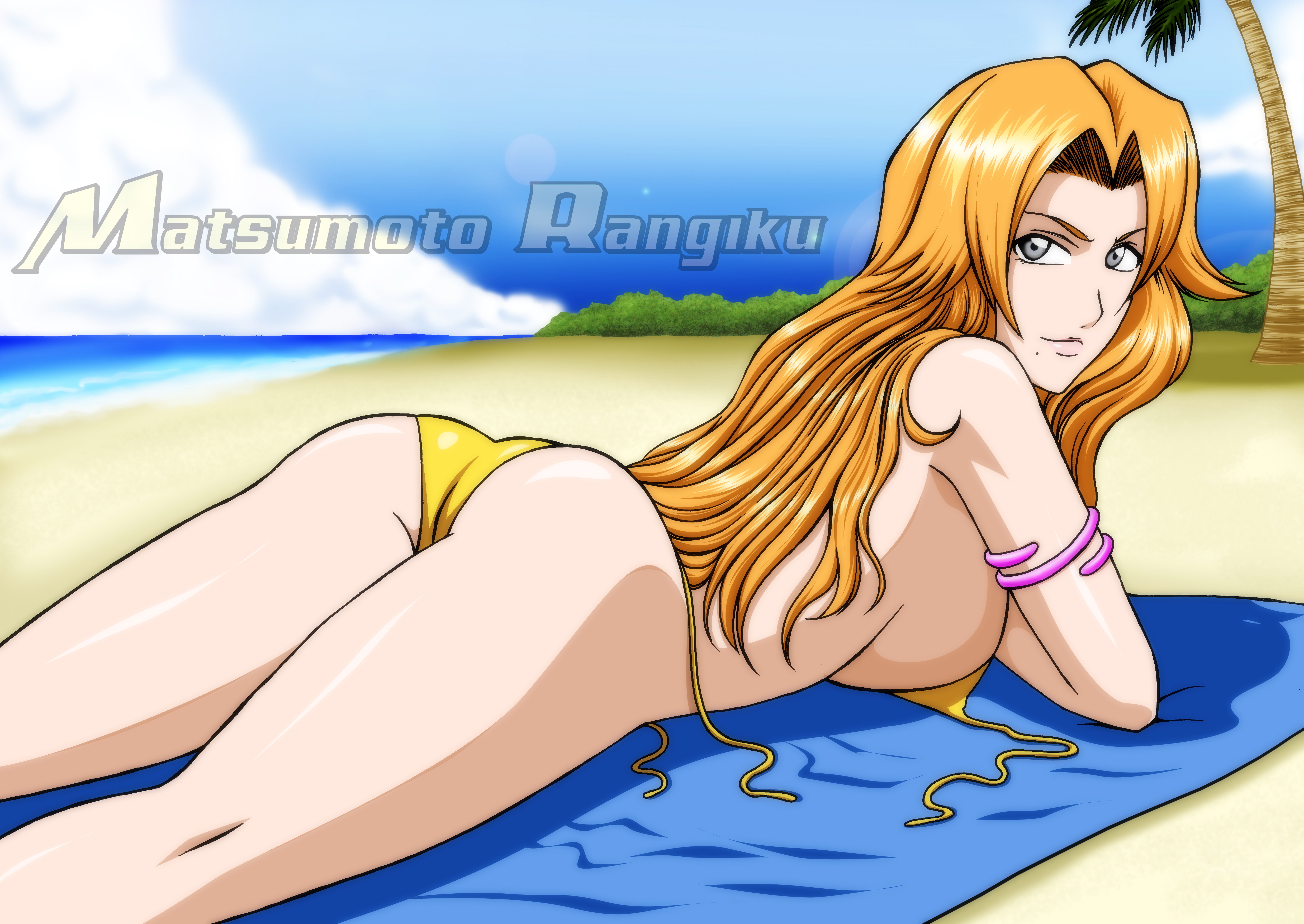 nagano tenzen, tenzen (netspike), matsumoto rangiku, bleach, absurdres, highres, self-upload, 00s, 1girl, beach, bikini, breasts, day, female focus, large breasts, orange hair, solo, swimsuit
