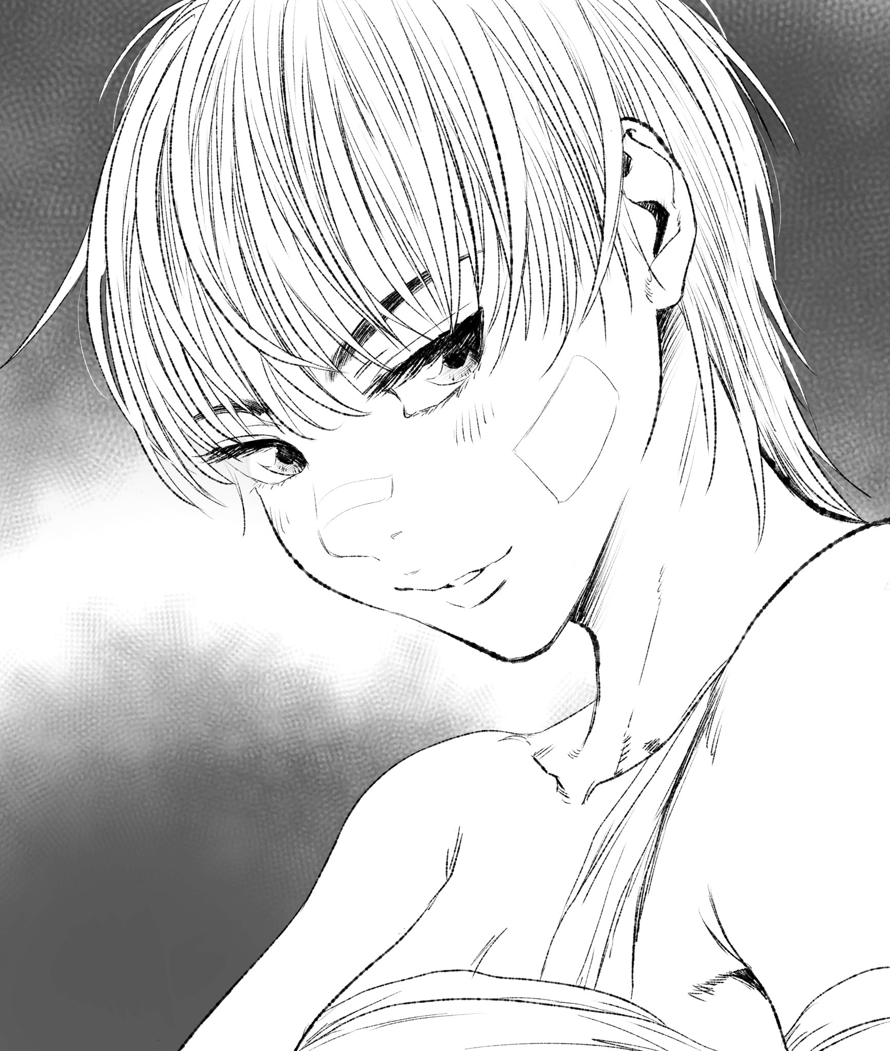 lee (dragon garou), original, commentary request, highres, 1girl, armpit crease, bandaged arm, bandages, bandaid, bandaid on cheek, bandaid on face, bandaid on nose, bare shoulders, breasts, cleavage, eyebrows hidden by hair, greyscale, lips, medium breasts, monochrome, parted lips, portrait, profile, sarashi, short hair, smile, solo