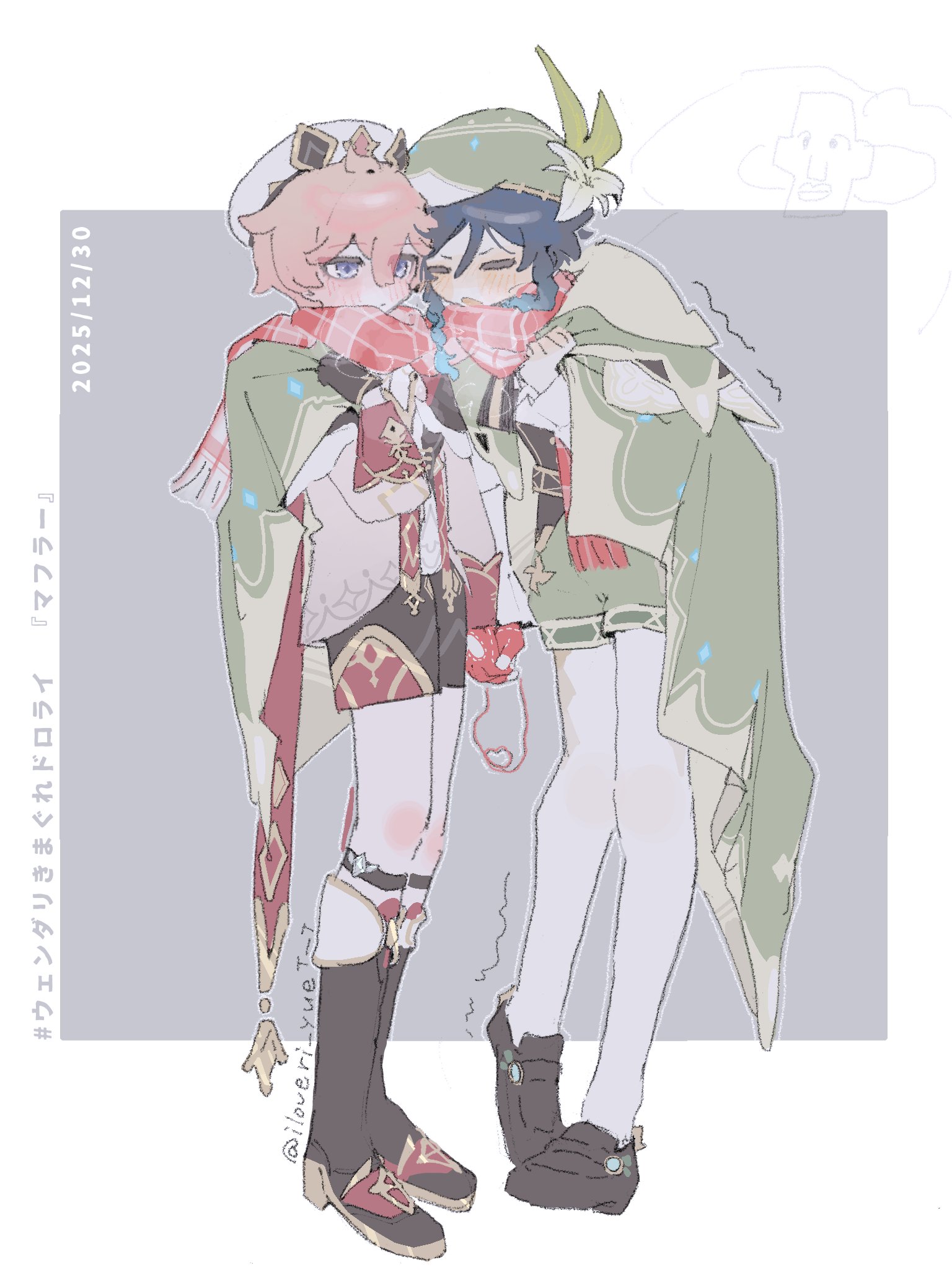 iloveri yuet t, dahlia (genshin impact), venti (genshin impact), genshin impact, highres, 2boys, beret, blue eyes, braid, closed eyes, dated, hat, knee strap, male focus, multiple boys, pink hair, scarf, trembling, twin braids, watermark, yaoi