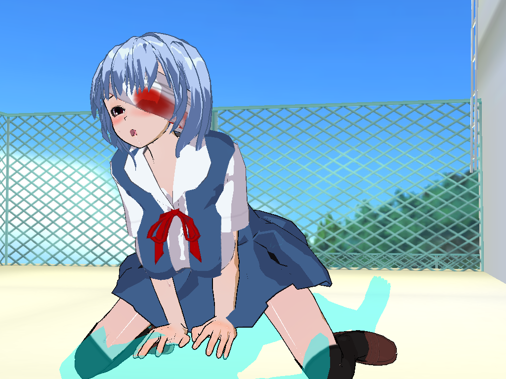 ayanami rei, 3d custom girl, neon genesis evangelion, invisible guy, red eyes, school uniform