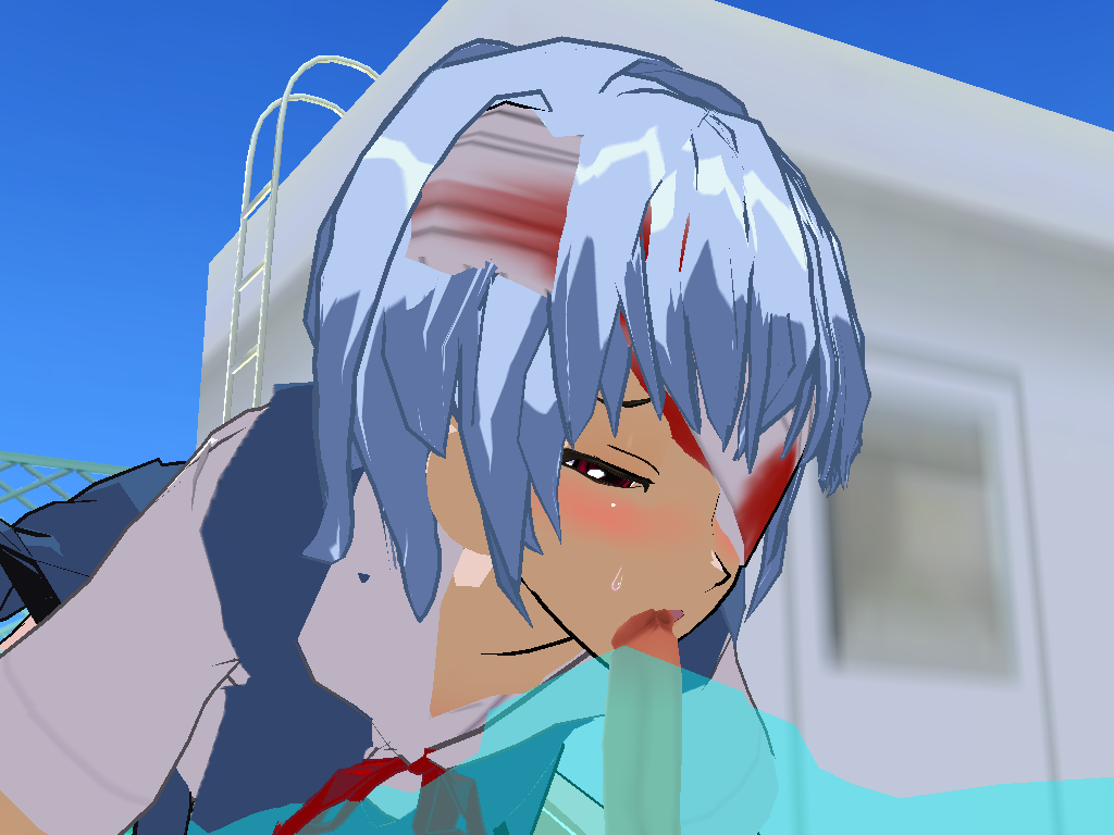 ayanami rei, 3d custom girl, neon genesis evangelion, fellatio, invisible guy, oral, red eyes, school uniform