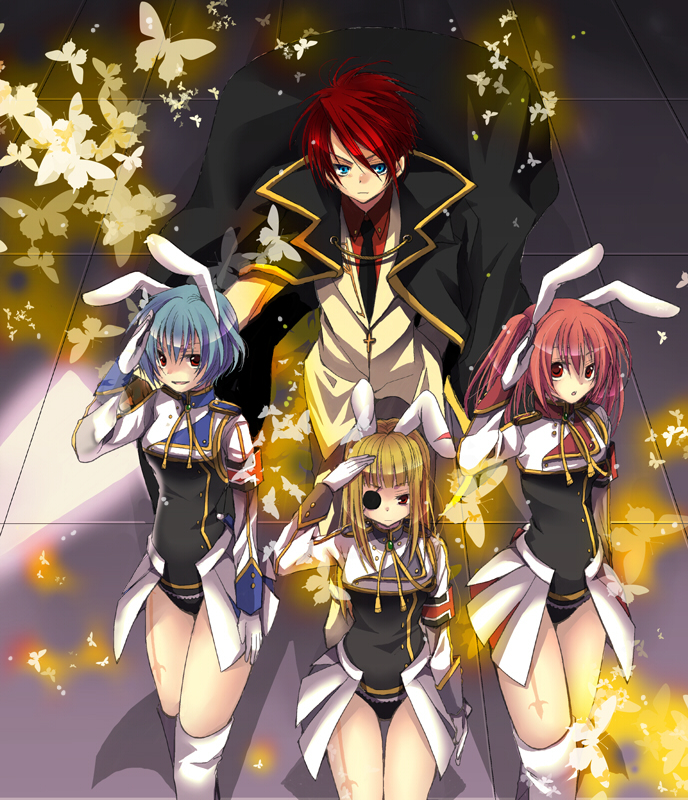 hibiki mio, chiester00, chiester410, chiester45, chiester sisters, ushiromiya battler, umineko no naku koro ni, uniform, spoilers, 00s, 1boy, 3girls, animal ears, blonde hair, blue eyes, bug, butterfly, cape, eyepatch, long hair, multiple girls, necktie, rabbit ears, red hair, salute, short hair, showgirl skirt, skirt, thighhighs, twintails