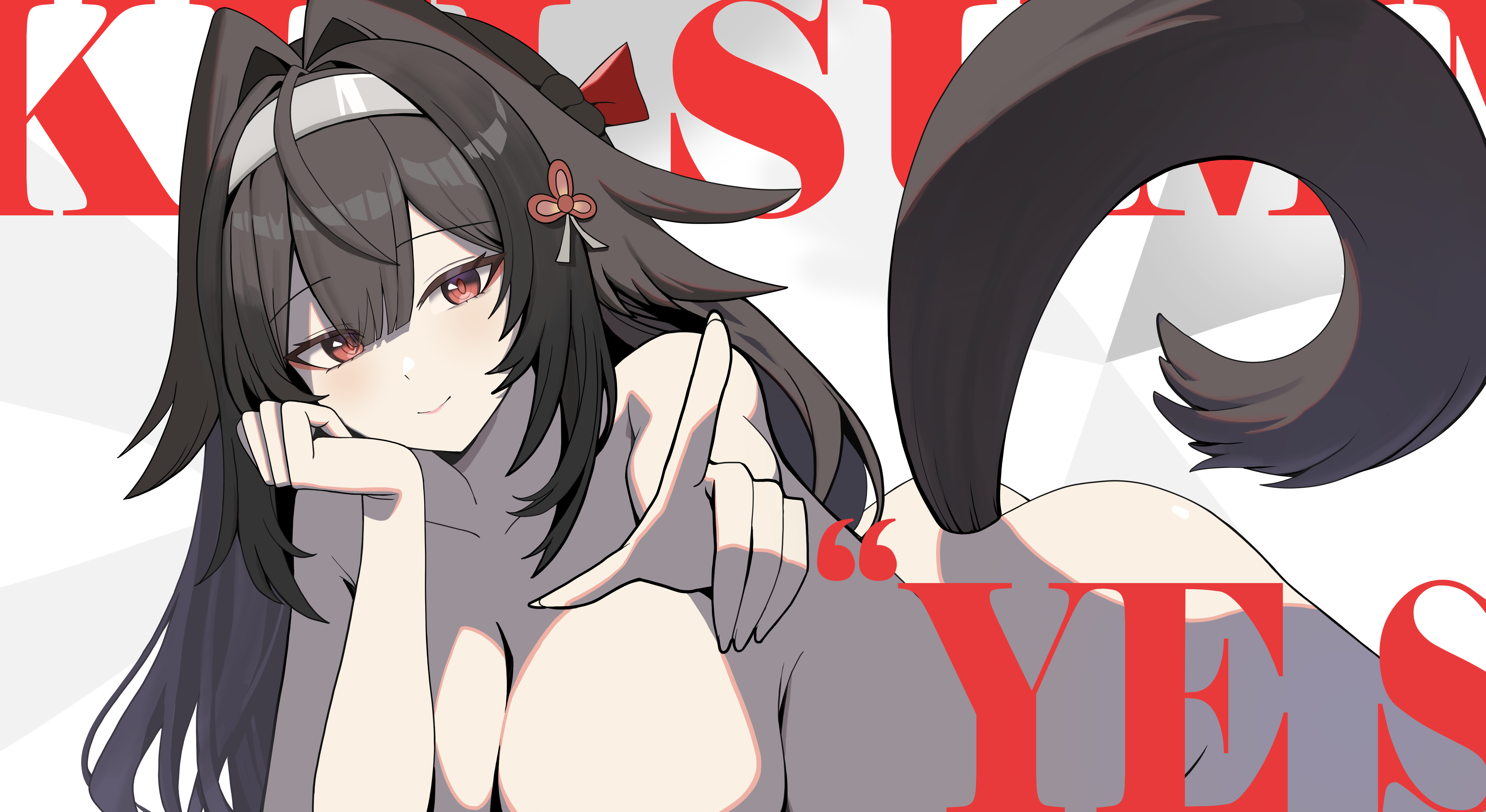 oro (lsg0624), ye shunguang, zenless zone zero, absurdres, commentary, highres, 1girl, ass, breasts, fox girl, fox tail, hair intakes, hairband, large breasts, long hair, looking at viewer, mindscape cinema (zenless zone zero), partially colored, pointing, pointing at viewer, red eyes, smile, solo, tail, very long hair