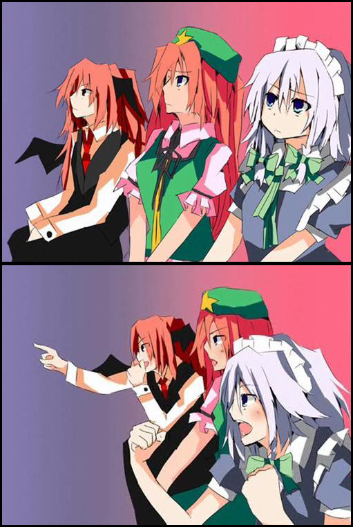 matsushita yuu, hong meiling, izayoi sakuya, koakuma, embodiment of scarlet devil, touhou, jpeg artifacts, 3girls, female focus, gaijin 4koma (meme), meme, multiple girls, parody, ribbon, short hair