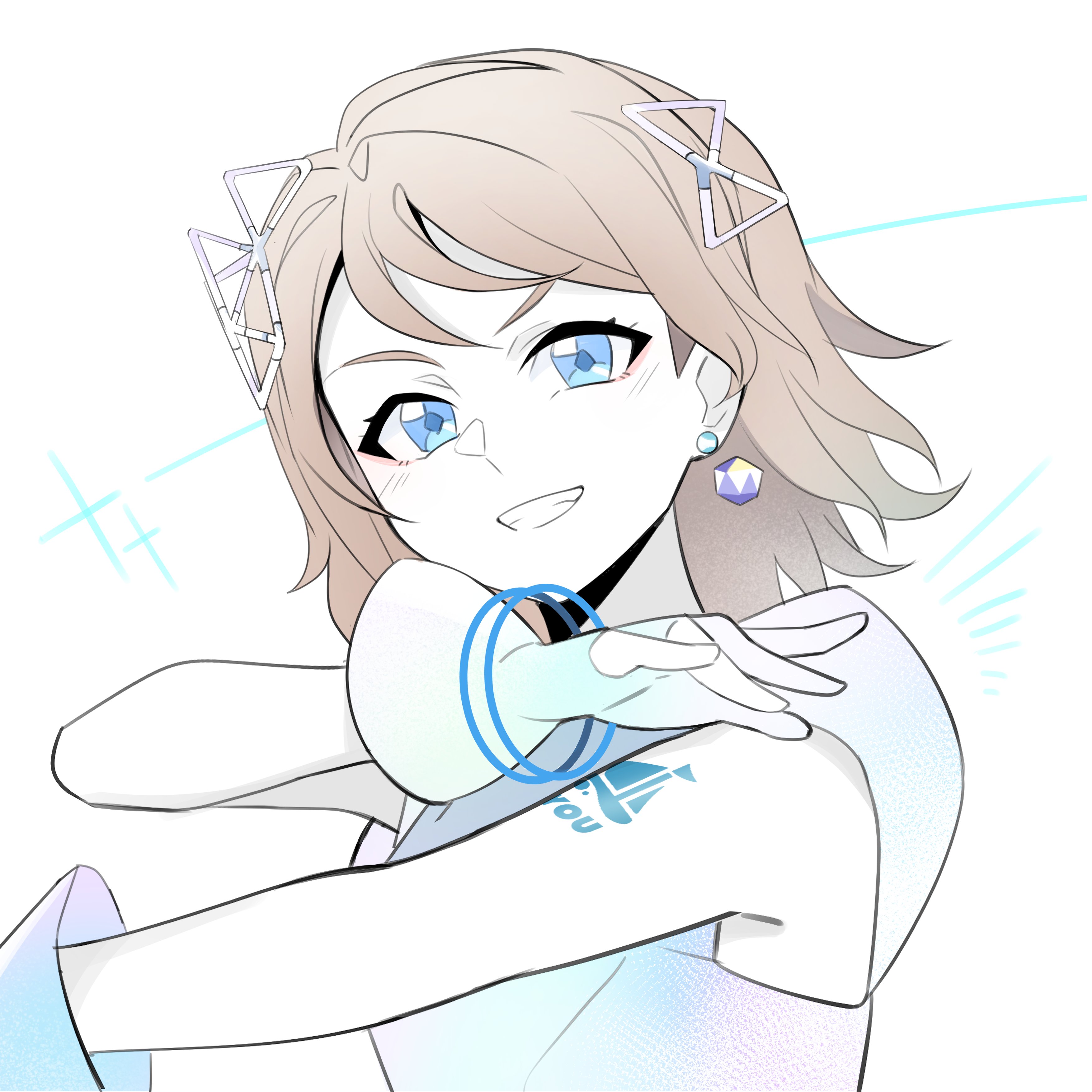 achin (putsi 2025), watanabe you, love live!, love live! sunshine!!, absurdres, highres, 1girl, armpit crease, banzai! digital trippers, blue eyes, blush, brown hair, character name, character name tattoo, choker, dress, earrings, fang, floating earrings, gem, gloves, grey hair, hair ornament, hands up, head tilt, idol, jewelry, logo, looking at viewer, motion lines, open mouth, puffy sleeves, short hair, simple background, single earring, sleeveless, solo, star (symbol), teeth, upper body, wavy hair, white background