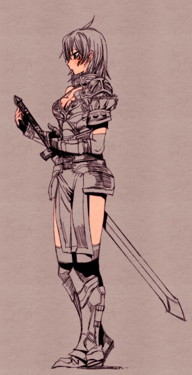 bow (bhp), original, highres, 1girl, armor, blush, female focus, gauntlets, greaves, green eyes, short hair, solo, strap gap, sword, tattoo, weapon