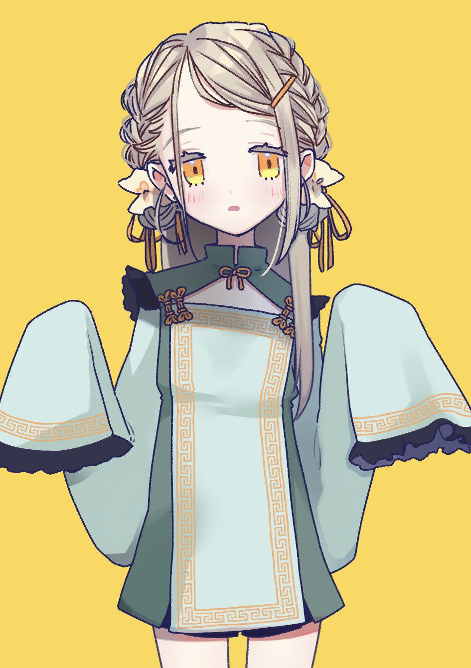 lily-an, shinosawa hiro, gakuen idolmaster, idolmaster, commentary request, highres, 1girl, blonde hair, blush, braid, braided bun, china dress, chinese clothes, cleavage cutout, clothing cutout, colored eyelashes, cowboy shot, double bun, dress, earrings, hair bun, hair ornament, hair ribbon, hair scrunchie, hands up, jewelry, long hair, looking at viewer, open mouth, orange eyes, orange ribbon, outstretched arms, ribbon, scrunchie, short dress, simple background, sleeves past fingers, sleeves past wrists, solo, standing, yellow background, zombie pose