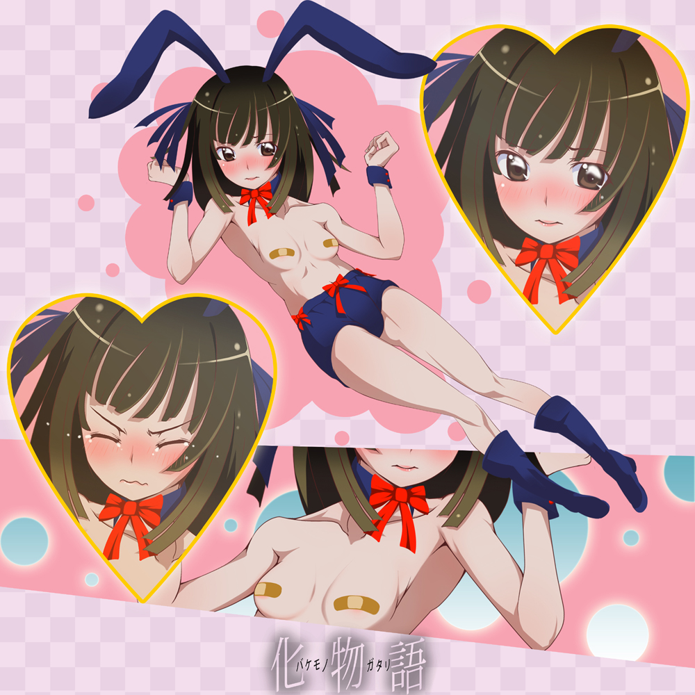 herin (dark-angel), sengoku nadeko, bakemonogatari, monogatari (series), bad id, bad pixiv id, 00s, 1girl, animal ears, bandaid, bandaids on nipples, bare shoulders, blush, bow, bowtie, brown hair, buruma, closed eyes, cuffs, embarrassed, female focus, flat chest, legs, long legs, pasties, rabbit ears, solo, underwear, wrist cuffs