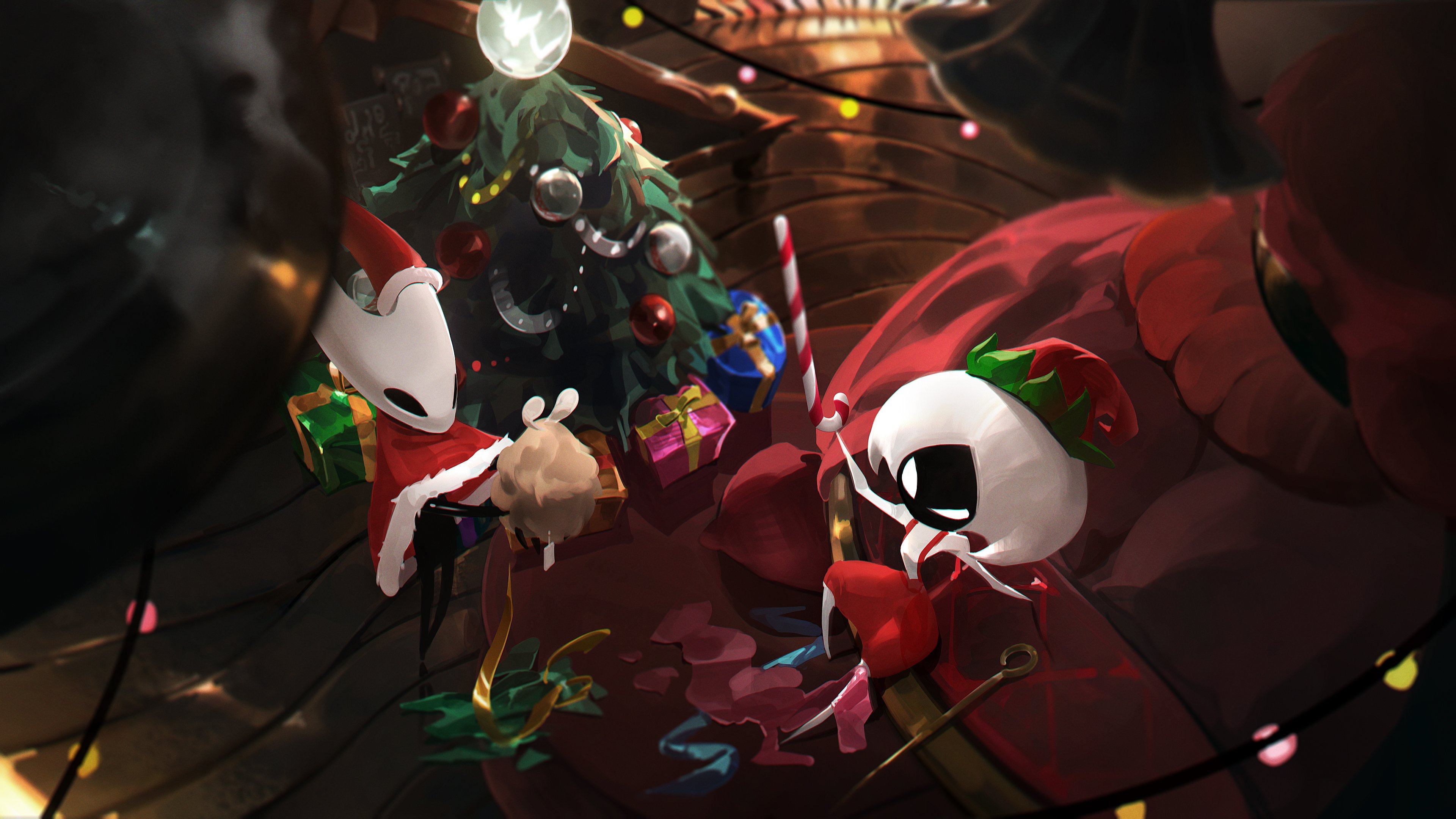 hdhenry, flea (hollow knight), hornet (hollow knight), lace (hollow knight), hollow knight, hollow knight: silksong, absurdres, highres, 2girls, alternate costume, arthropod girl, bed, black eyes, black skin, blank eyes, bodysuit, box, candy, candy cane, christmas, christmas lights, christmas ornaments, christmas present, christmas tree, cloak, colored skin, food, from behind, full body, fur-trimmed cloak, fur trim, gift, gift box, hat, holding, holding candy, holding candy cane, holding food, hollow eyes, horned mask, horns, indoors, long sleeves, looking at object, looking up, mask, multiple girls, pin (hollow knight), price tag, puffy sleeves, red cloak, red suspenders, santa cloak, santa costume, santa hat, sitting, standing, weapon, white bodysuit, white eyes, white hat, white mask