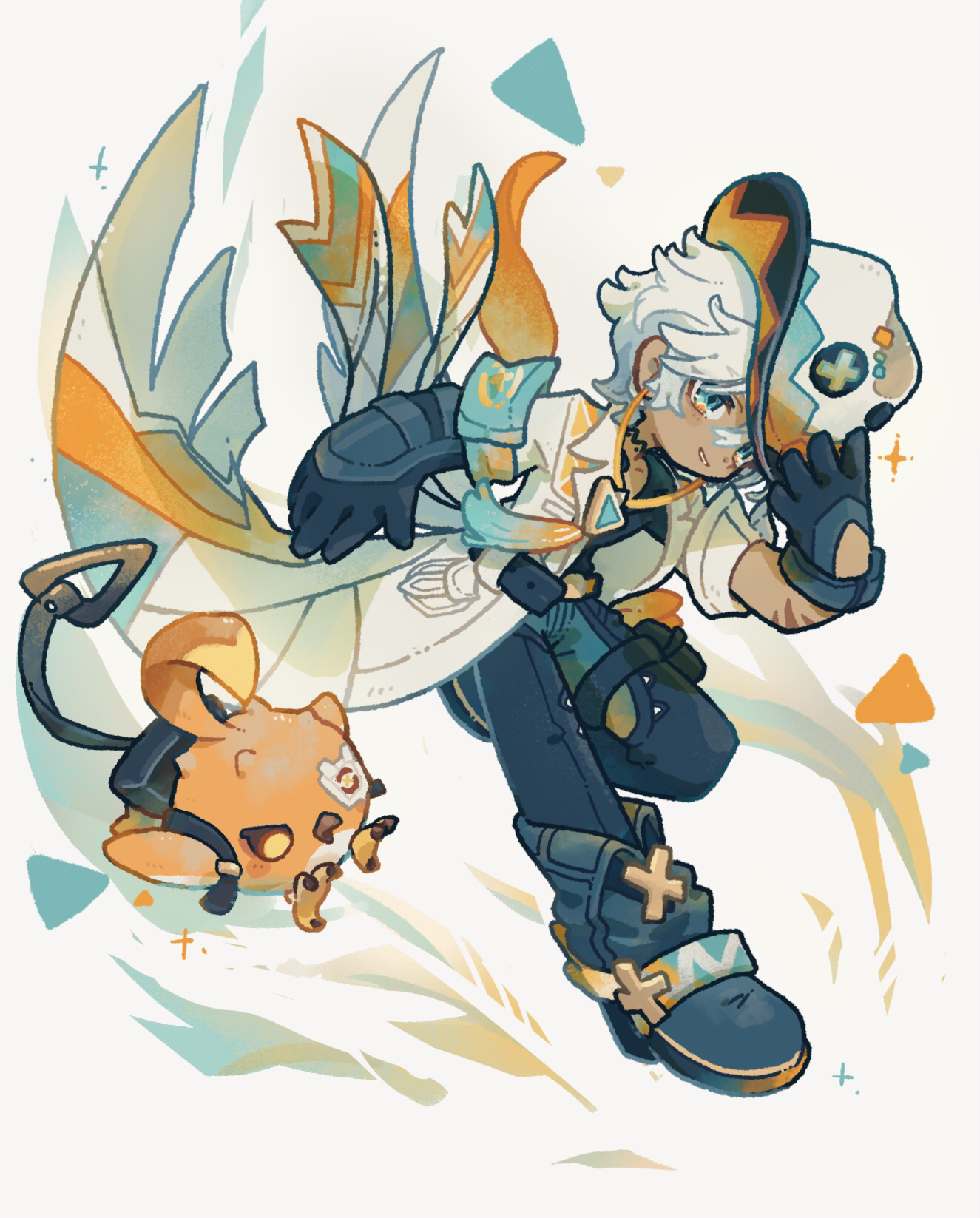 harukui, cacucu (genshin impact), ifa (genshin impact), genshin impact, commentary request, highres, 1boy, bandaged wings, blue boots, blue eyes, blue gloves, blue pants, boots, clothing cutout, cowboy hat, dark-skinned male, dark skin, full body, glove cutout, gloves, hair between eyes, hat, male focus, neck tattoo, pants, parted lips, short hair, simple background, smile, solo, standing, standing on one leg, tattoo, white background, white hair, white hat