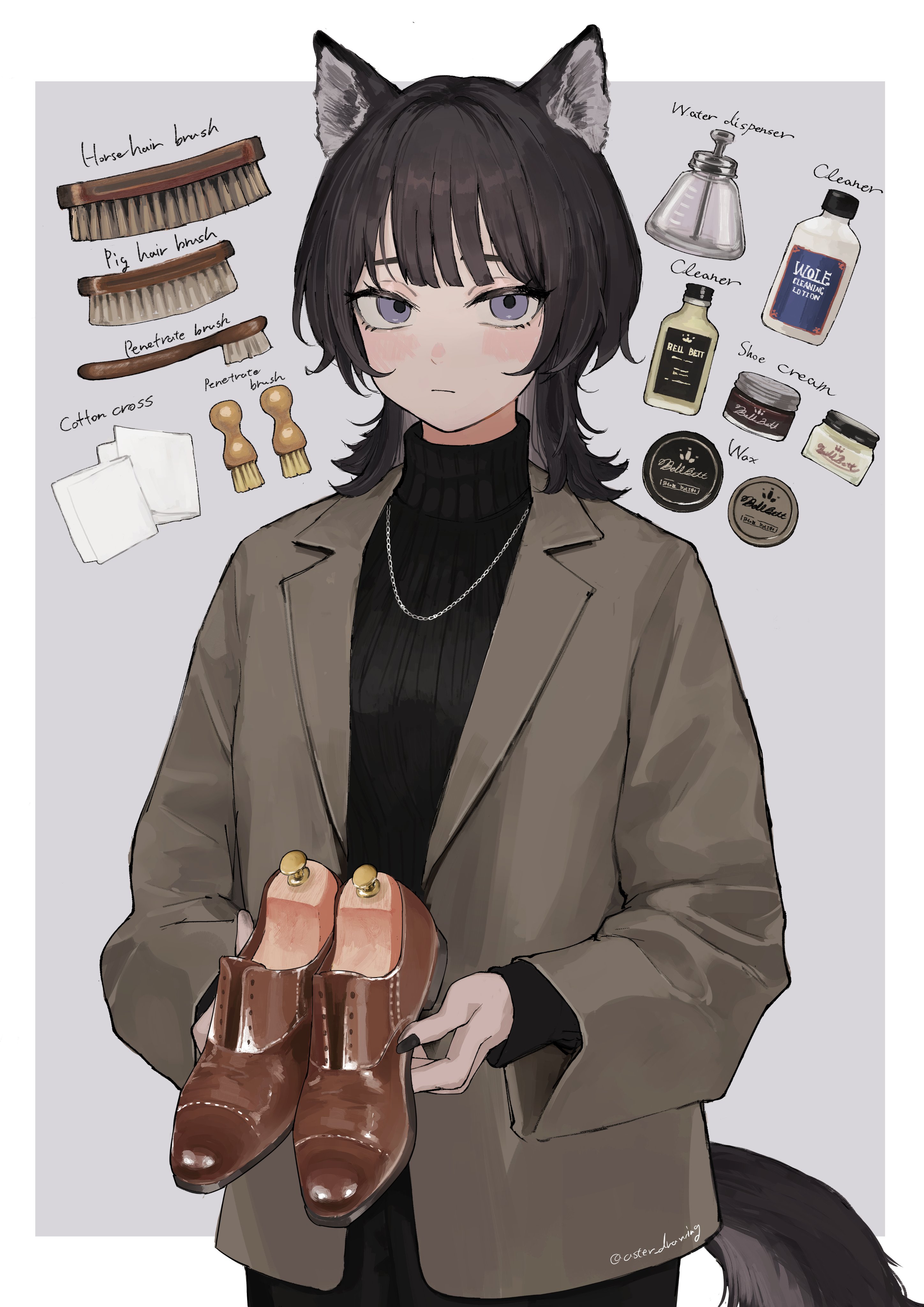 aster drawing, original, absurdres, highres, 1girl, animal ears, black hair, black nails, closed mouth, coat, dress shoes, grey background, holding, jewelry, long hair, necklace, paintbrush, purple eyes, solo, sweater, tail, trim brush, wolf ears, wolf tail