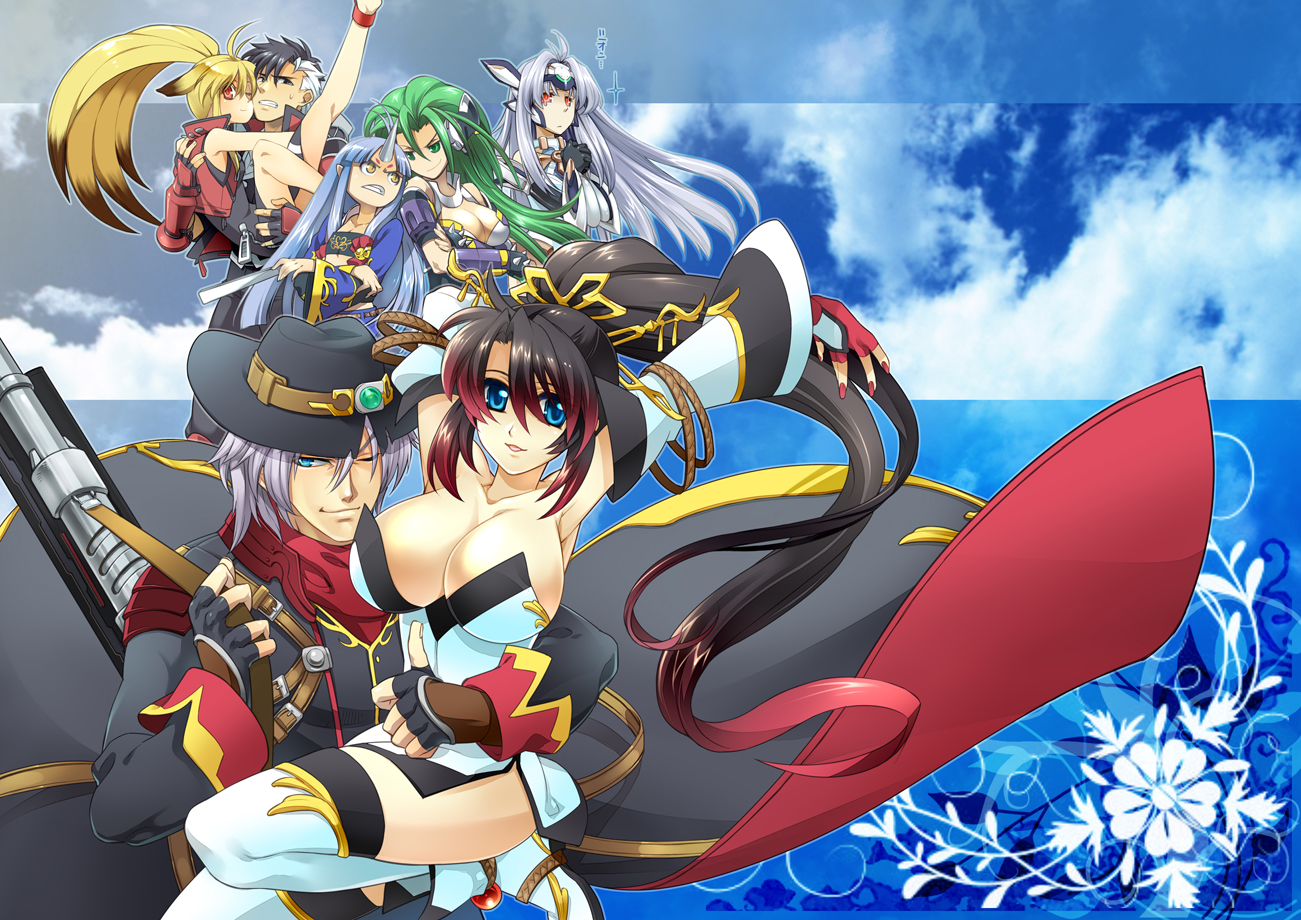 hpa (foolish factory), arisu reiji, aschen brodel, harken browning, kos-mos, kos-mos ver. 4, nanbu kaguya, suzuka hime, xiaomu, banpresto, super robot wars, super robot wars og saga mugen no frontier, xenosaga, xenosaga episode iii, 00s, 2boys, 5girls, armpits, blonde hair, blue eyes, blue hair, breasts, cleavage, crossed arms, dress, green eyes, green hair, hat, horns, huge breasts, long hair, multicolored hair, multiple boys, multiple girls, one eye closed, ponytail, single horn, strapless, strapless dress, thighhighs, wink