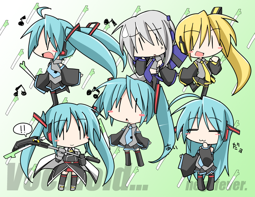 bibi02, akita neru, bardiche (nanoha), chibi miku, fate testarossa, hatsune miku, izumi konata, yowane haku, lucky star, lyrical nanoha, mahou shoujo lyrical nanoha, vocaloid, translated, 6+girls, :3, = =, ahoge, aqua hair, blush stickers, chibi, cosplay, detached sleeves, fate testarossa (cosplay), headphones, long hair, mole, mole under eye, multiple girls, necktie, ponytail, side ponytail, skirt, spring onion, thighhighs, twintails, very long hair, | |