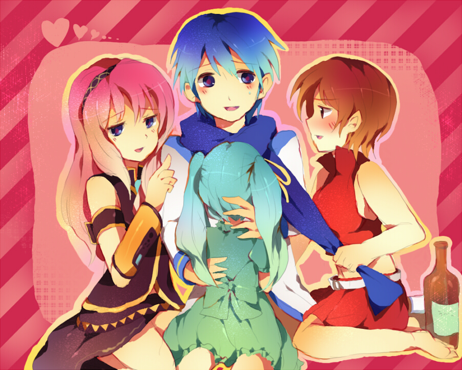 konoka, hatsune miku, kaito (vocaloid), megurine luka, meiko (vocaloid), vocaloid, bad id, bad pixiv id, 1boy, 3girls, aged down, alcohol, aqua hair, barefoot, blue hair, blue scarf, blush, bottle, brown hair, child, dress, drunk, headband, kneeling, long hair, midriff, multiple girls, pimp, pink hair, scarf, short hair, siblings, sitting, skirt, sweatdrop, twintails