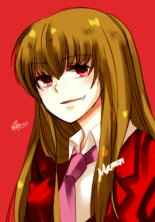 noriuma, mammon (umineko), umineko no naku koro ni, bad id, bad pixiv id, 00s, 1girl, brown hair, fang, female focus, grin, long hair, necktie, pink necktie, red eyes, simple background, smile, solo