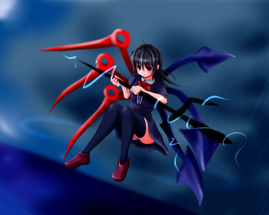 koa (artist), houjuu nue, touhou, 1girl, black hair, black thighhighs, female focus, full body, gradient background, panties, polearm, red eyes, short hair, snake, solo, spear, thighhighs, trident, underwear, weapon, wings