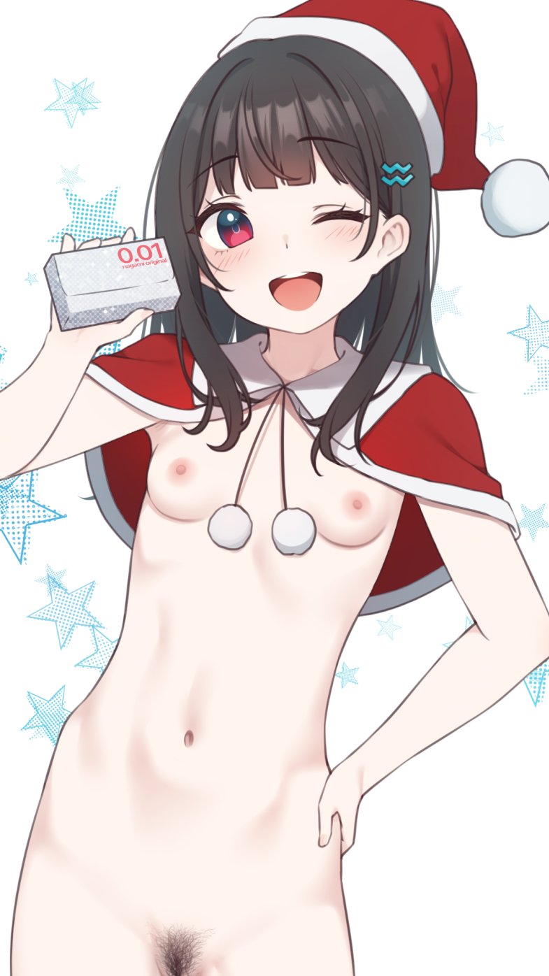 nagami yuu, original, highres, 1girl, blunt bangs, box, breasts, brown hair, capelet, christmas, cowboy shot, hair ornament, hairclip, hand on own hip, hat, long hair, nipples, nude, one eye closed, open mouth, pubic hair, red capelet, red eyes, santa cape, santa hat, sidelocks, simple background, small breasts, smile, solo, standing, star (symbol), teeth, upper teeth only, white background