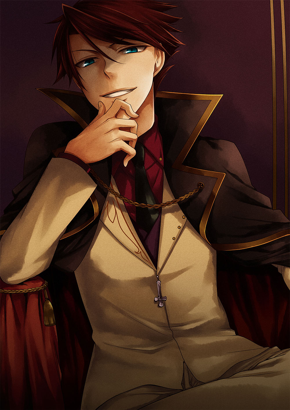 yodobashi yuo, ushiromiya battler, umineko no naku koro ni, highres, spoilers, 00s, 1boy, blue eyes, cape, cross, grin, male focus, necktie, red hair, sitting, smile, solo