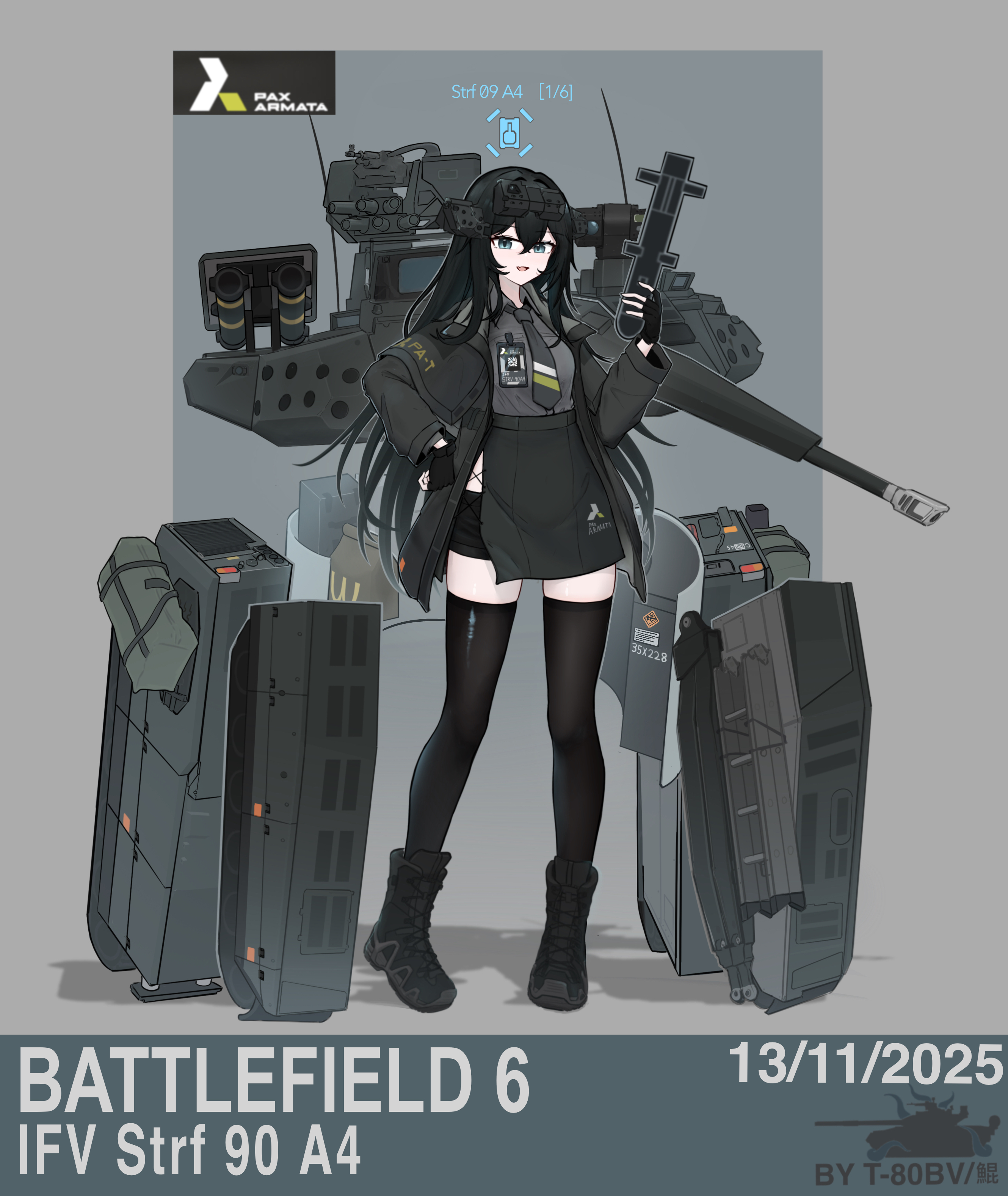 battlefield (series), battlefield 6, absurdres, highres, 1girl, armored personnel carrier, armored vehicle, autocannon, black hair, boots, cannon, caterpillar tracks, coat, collared shirt, cv90, grey necktie, grey shirt, gun, hair between eyes, heavy machine gun, holding, infantry fighting vehicle, jacket, long hair, machine gun, military, military vehicle, missile, motor vehicle, necktie, personification, remote weapon system, rocket, rocket launcher, shirt, smoke grenade launcher, t80bv, vehicle and personification, weapon