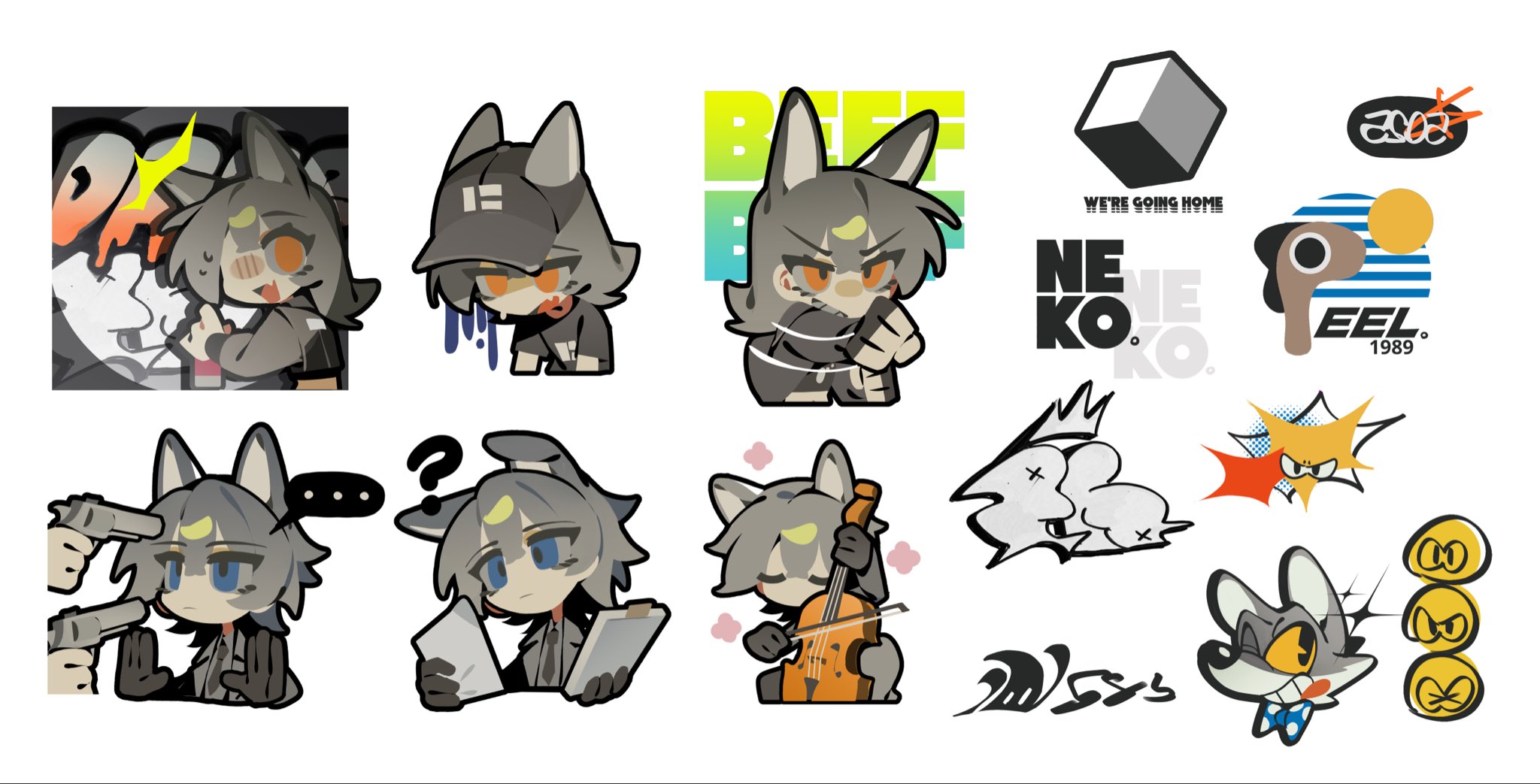 ghost (tama), original, highres, animal ears, black gloves, blue eyes, chibi, chibi only, gloves, grey hair, gun, handgun, holding, holding instrument, holding violin, instrument, long hair, multiple expressions, orange eyes, violin, weapon, wolf