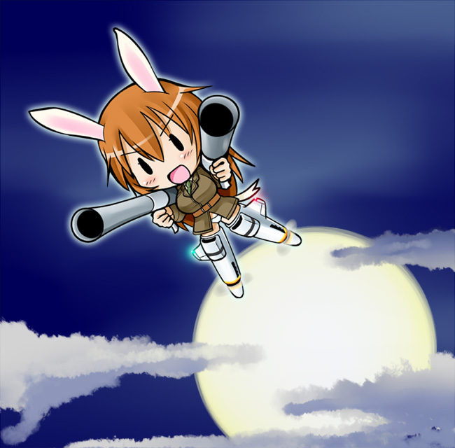 tanaka rikimaru, charlotte e. yeager, strike witches, world witches series, 00s, 1girl, animal ears, belt, blazer, blush, chibi, female focus, flying, jacket, moon, necktie, orange hair, panties, rabbit ears, rabbit girl, rabbit tail, solo, tail, underwear
