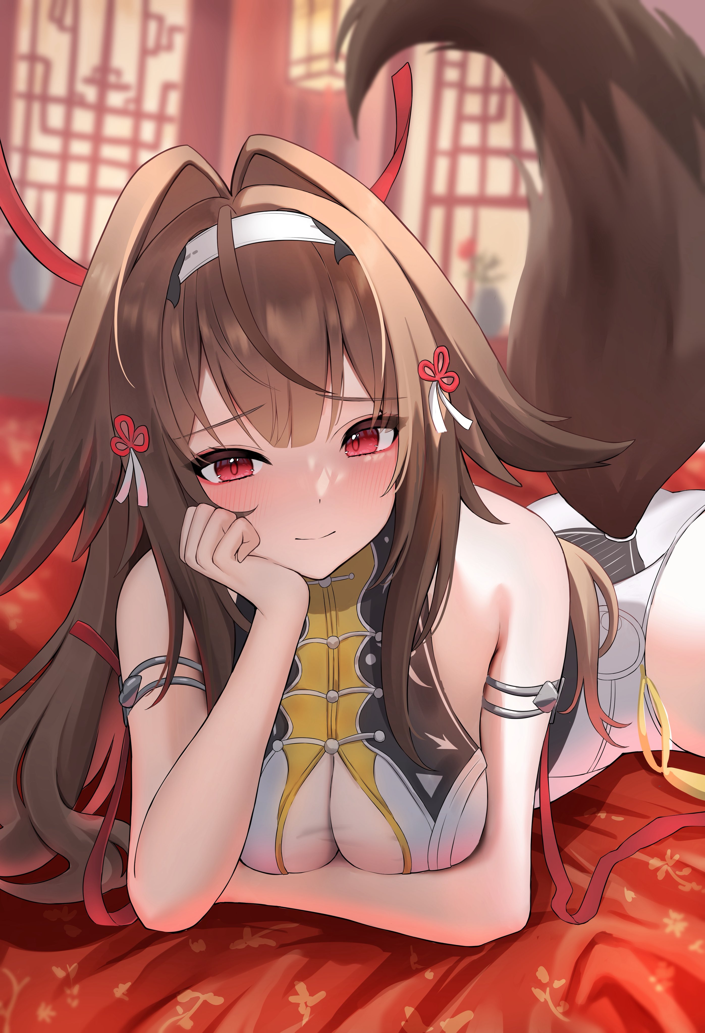 p-tomi, ye shunguang, zenless zone zero, absurdres, commentary request, highres, 1girl, architecture, armlet, breasts, brown hair, china dress, chinese clothes, cleavage, curled fingers, dress, droopy ears, east asian architecture, gradient hair, hair ornament, headband, horse girl, indoors, jewelry, light blush, looking at viewer, lying, multicolored hair, on stomach, red eyes, ribbon, sleeveless, tail