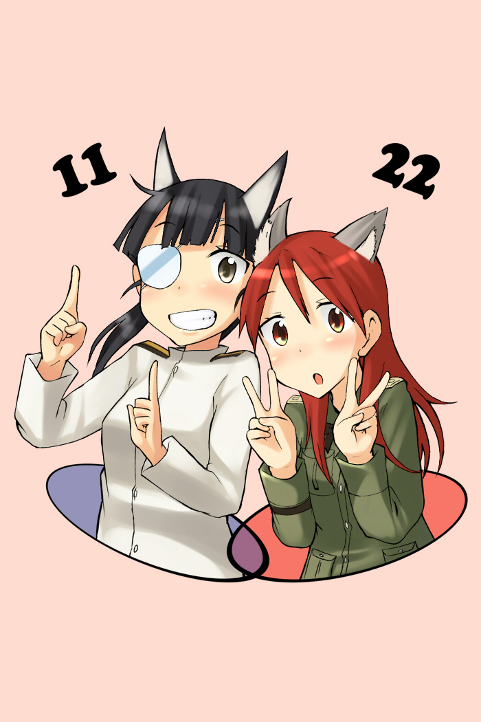 kumichou (kumichoubox), rinyan suzu, minna-dietlinde wilcke, sakamoto mio, strike witches, world witches series, bad id, bad pixiv id, 00s, 2girls, :o, animal ears, black hair, blush, double v, eyepatch, grin, military, military uniform, multiple girls, ponytail, red hair, smile, v