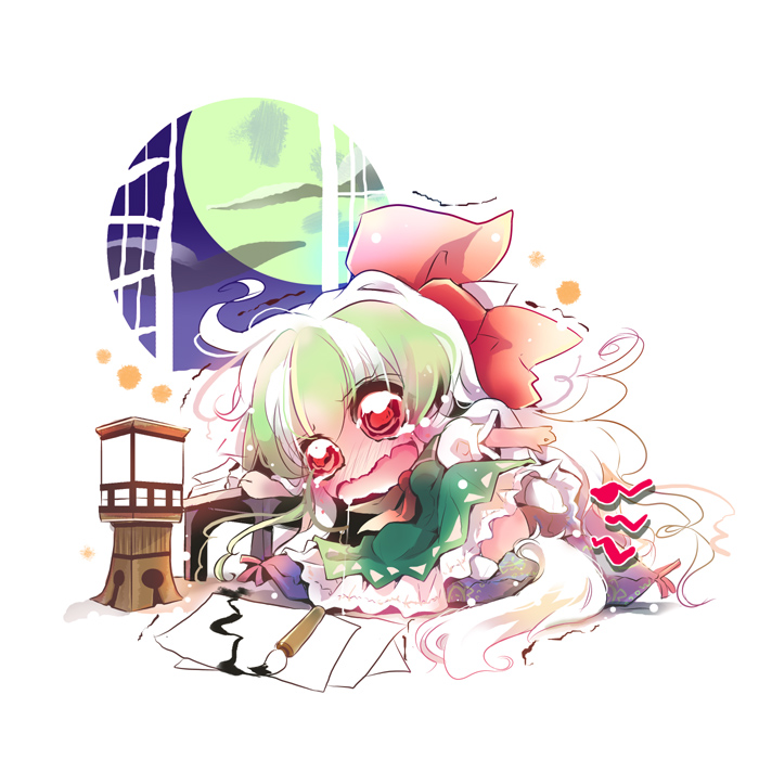 usoneko, ex-keine, kamishirasawa keine, touhou, bad id, bad pixiv id, 1girl, blush, bow, calligraphy brush, chibi, cloud, female focus, green hair, hair ribbon, horns, indoors, long hair, paintbrush, pencil, red eyes, ribbon, sky, solo, tail, tears