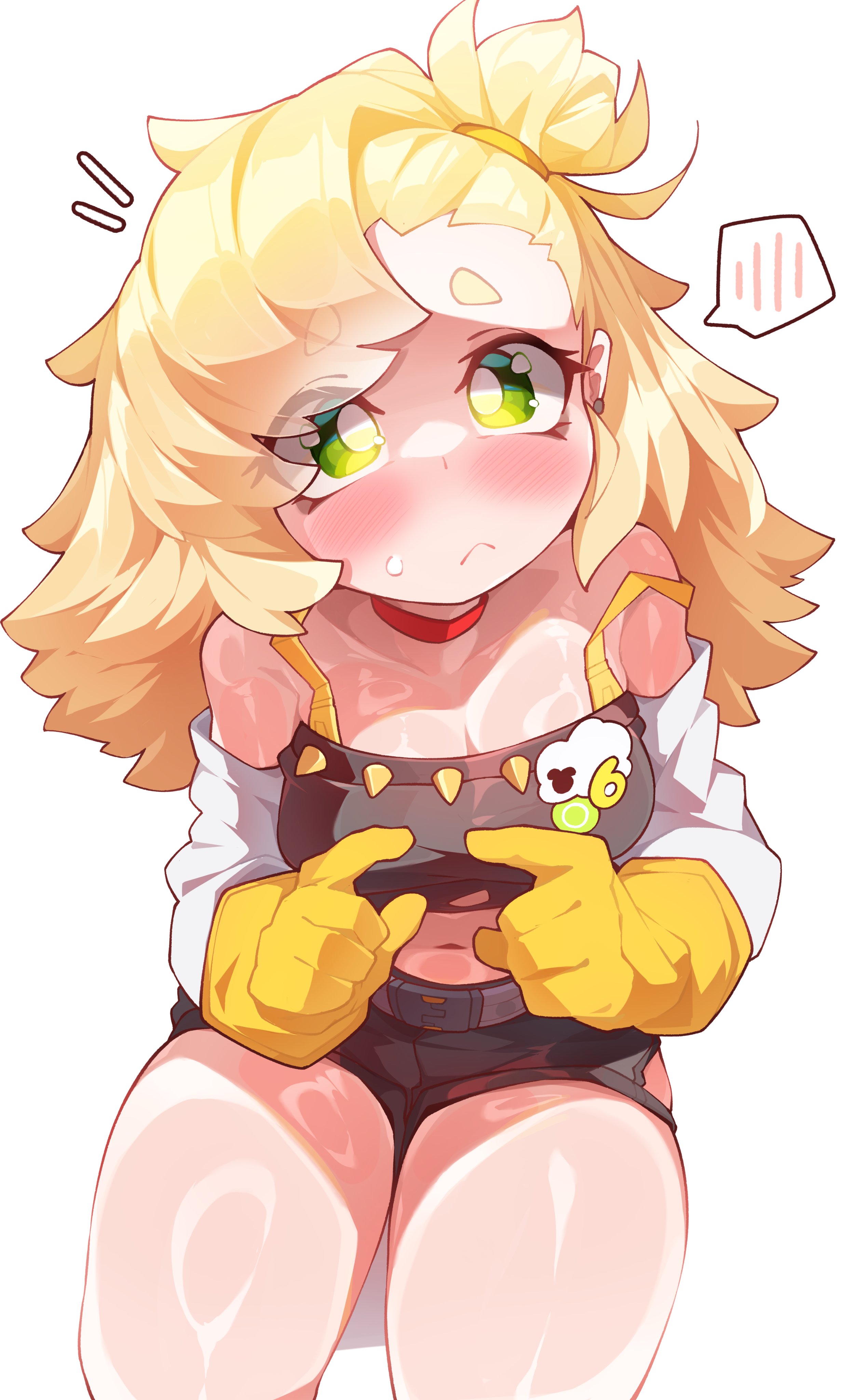 orcavice, piper wheel, zenless zone zero, absurdres, commentary, english commentary, highres, translation request, 1girl, bandeau, black bandeau, blonde hair, breasts, cleavage, eyes visible through hair, gloves, green eyes, long hair, looking at viewer, medium breasts, midriff, navel, simple background, solo, speech bubble, spoken blush, thighs, white background, yellow gloves