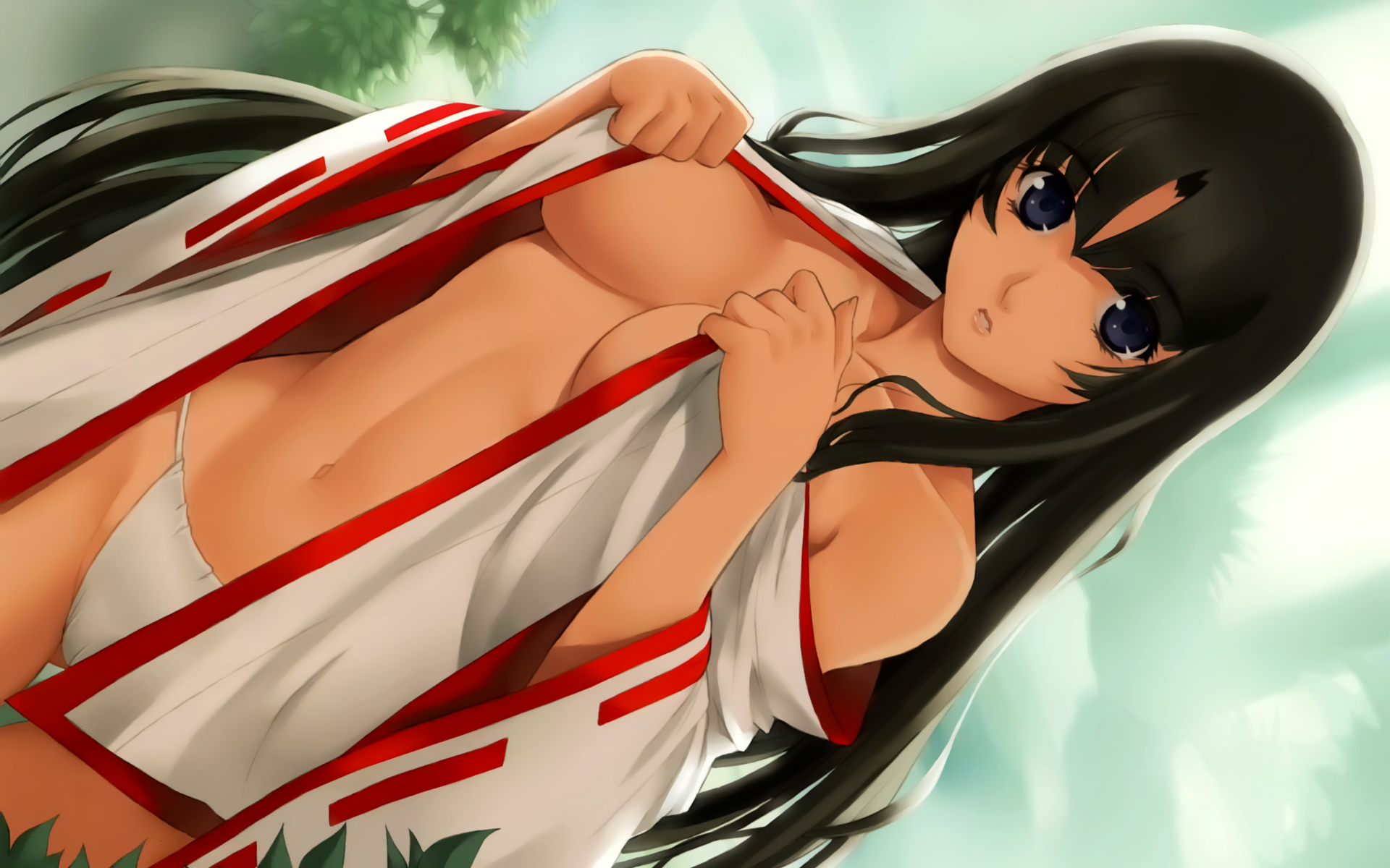 musha miko tomoe, tomoe (queen's blade), queen's blade, highres, non-web source, 00s, 1girl, black hair, blue eyes, breasts, cleavage, female focus, japanese clothes, large breasts, long hair, long sleeves, nature, navel, outdoors, solo