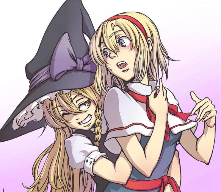 housei, yadonushi (housei), alice margatroid, kirisame marisa, touhou, bad id, bad pixiv id, 2girls, blonde hair, blue eyes, blush, braid, female focus, hairband, hat, long hair, multiple girls, short hair, witch, witch hat, yellow eyes, yuri