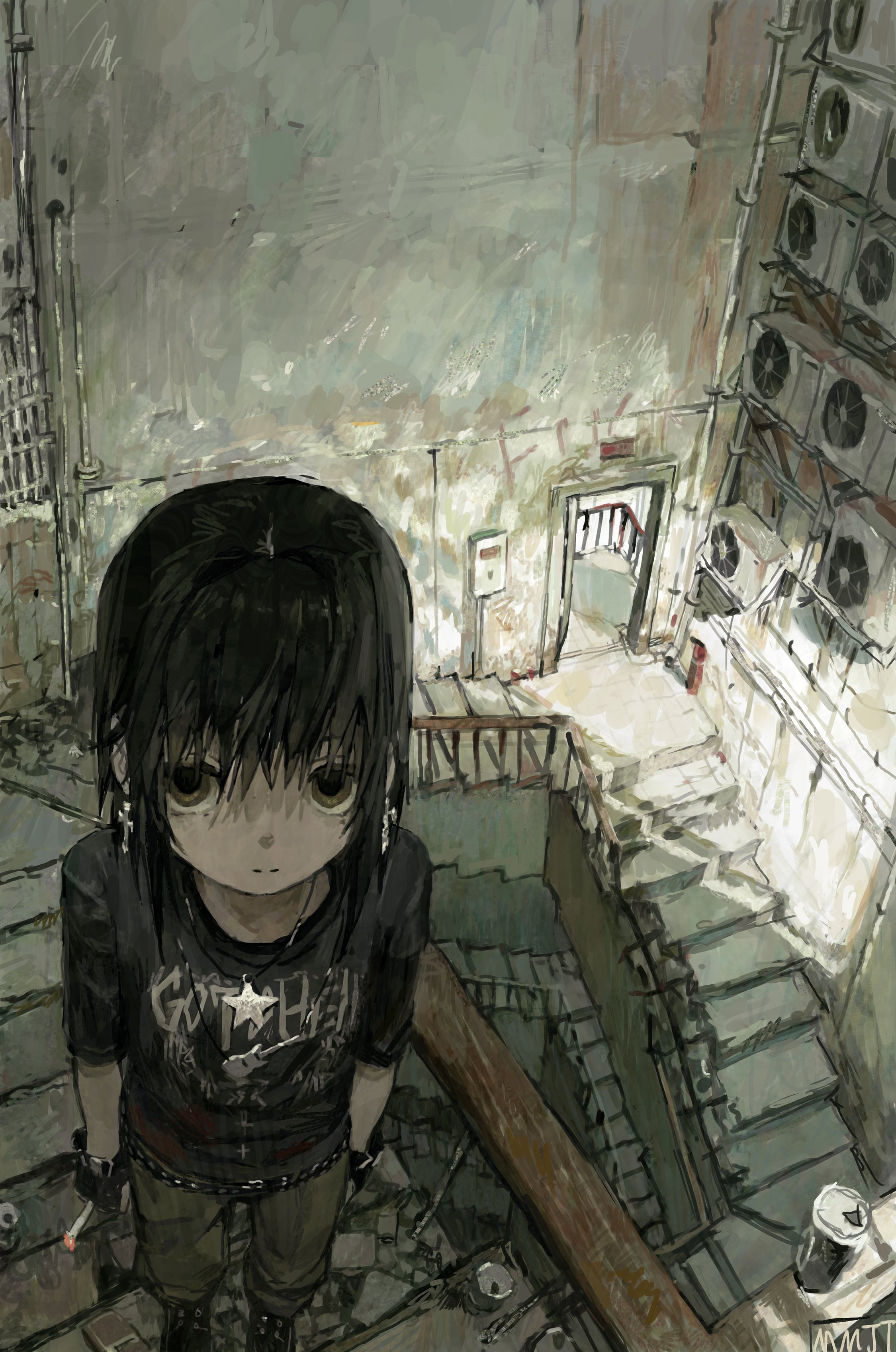 maomi jita, original, absurdres, highres, 1girl, belt, black belt, black boots, black gloves, black hair, black shirt, boots, bracelet, brown eyes, cigarette, closed mouth, cross, cross earrings, earrings, expressionless, fingerless gloves, from above, gloves, green pants, guitar necklace, hair between eyes, holding, holding cigarette, indoors, jewelry, liminal space, looking at viewer, medium hair, necklace, pants, perspective, print shirt, shaded face, shirt, short sleeves, solo, stairs, star (symbol), star necklace